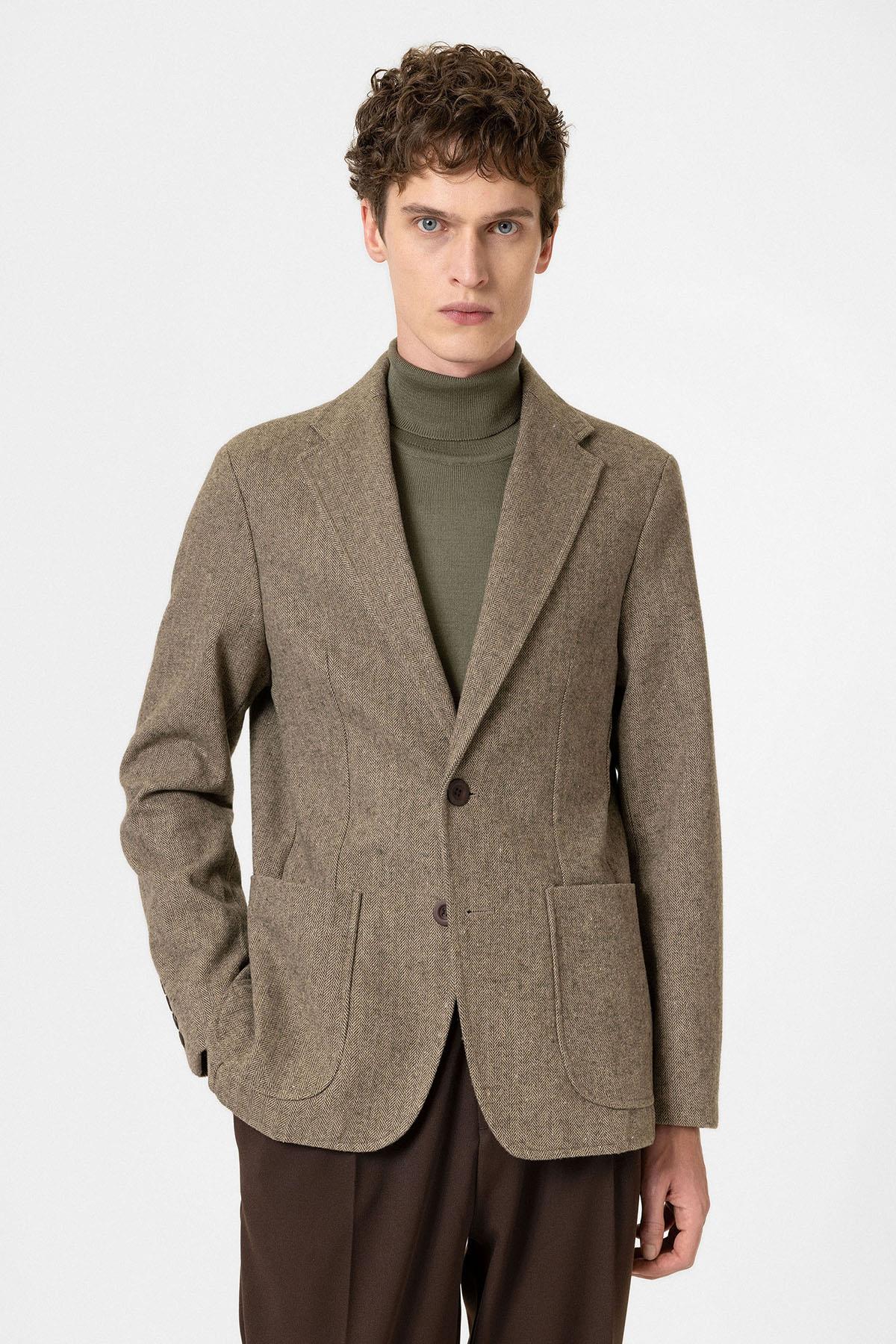 Antioch-Haki Slim Fit Balıksırtı Desenli Erkek Blazer Ceket-Ceket-1-Milagron.com