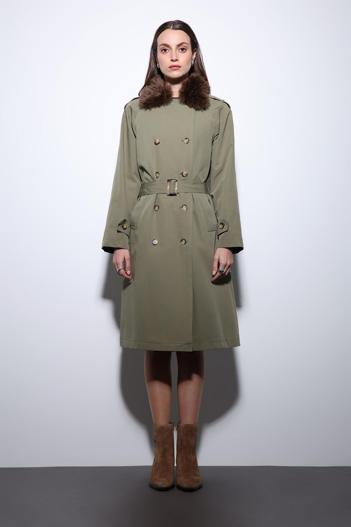 Antioch-Haki Suni Kürklü Yaka Kadın Trençkot-Trençkot-2-Milagron.com