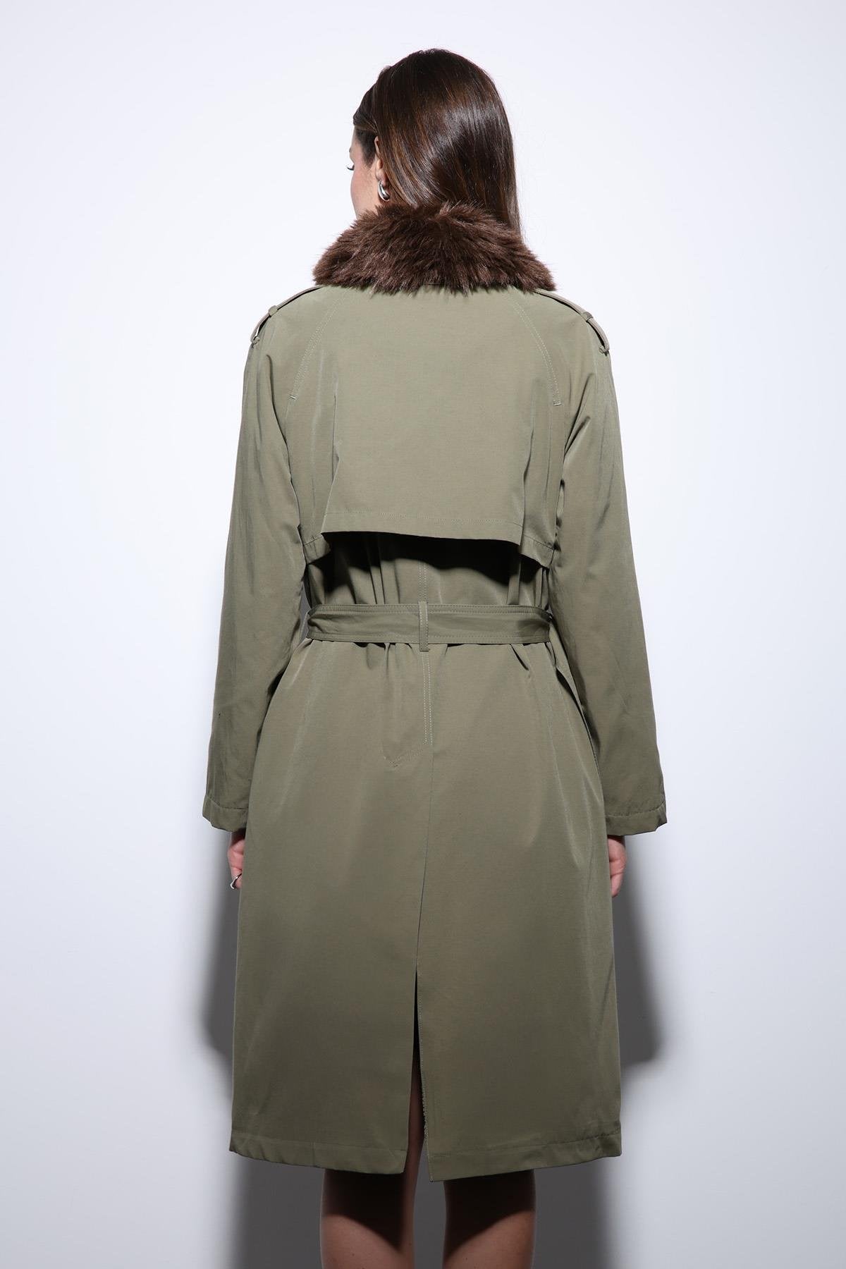 Antioch-Haki Suni Kürklü Yaka Kadın Trençkot-Trençkot-7-Milagron.com