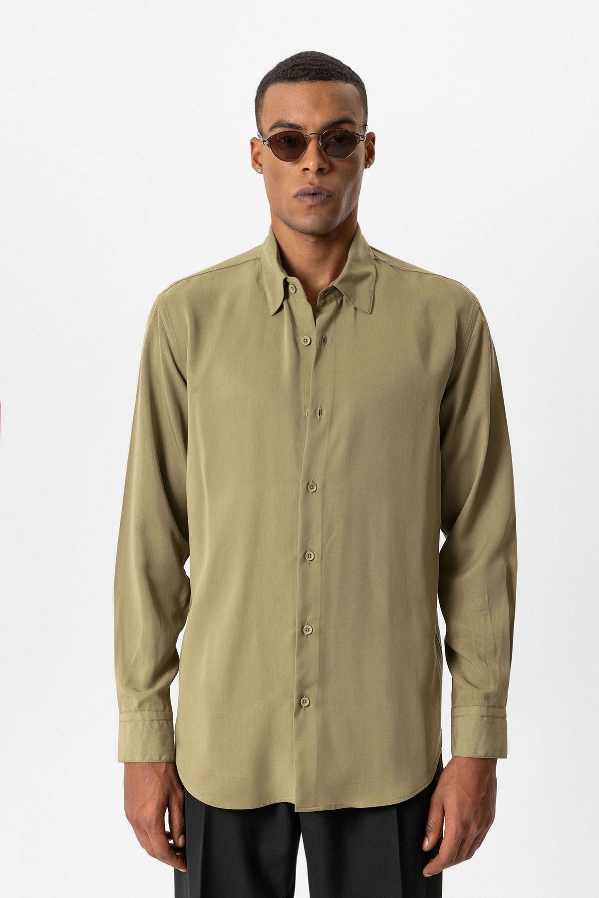 Antioch-Haki Teknik Tencel Kumaş Erkek Gömlek-Gömlek-1-Milagron.com