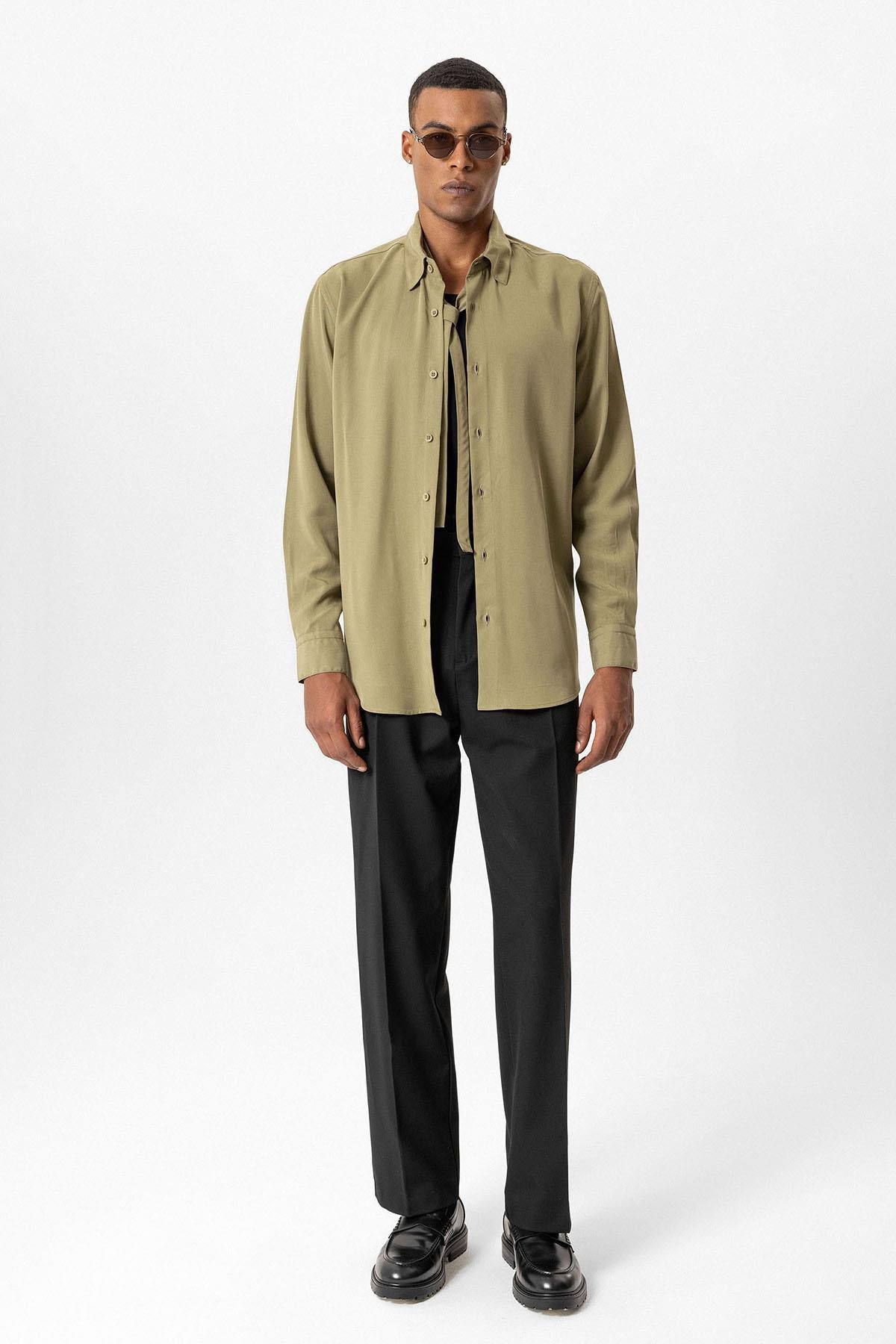 Antioch-Haki Teknik Tencel Kumaş Erkek Gömlek-Gömlek-2-Milagron.com