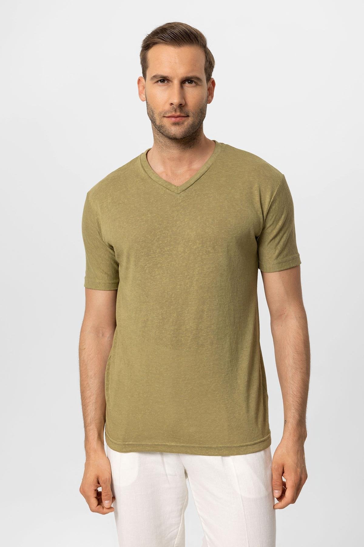 Antioch-Haki V Yaka Basic Erkek T Shirt-T-Shirts-1-Milagron.com