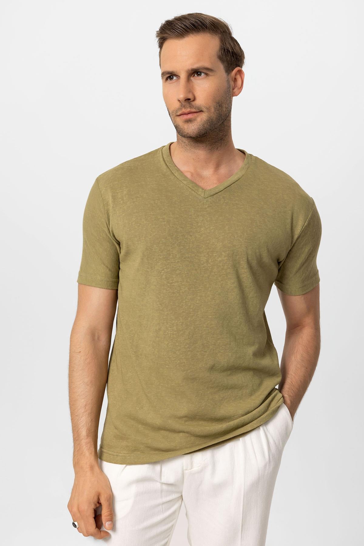 Antioch-Haki V Yaka Basic Erkek T Shirt-T-Shirts-4-Milagron.com