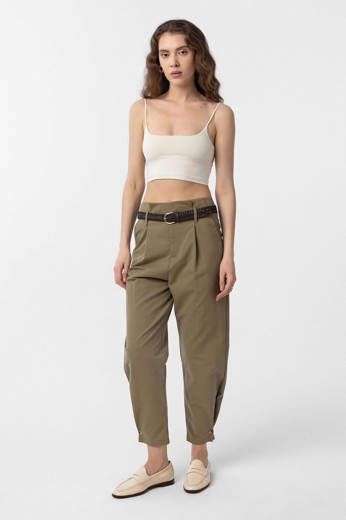 Antioch-Haki Yüksek Bel Paçası Düğmeli Fit Kadın Pantolon-Kumaş Pantolon-3-Milagron.com
