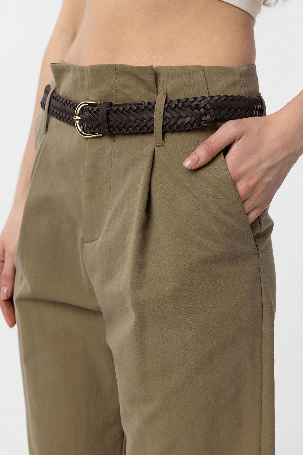 Antioch-Haki Yüksek Bel Paçası Düğmeli Fit Kadın Pantolon-Kumaş Pantolon-4-Milagron.com