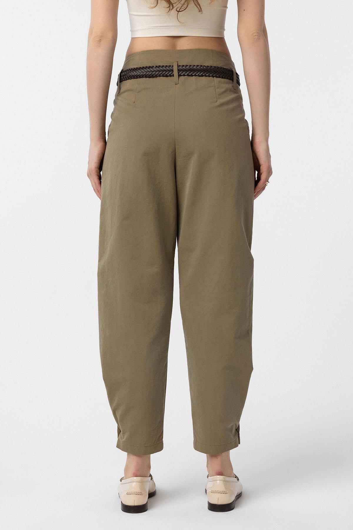 Antioch-Haki Yüksek Bel Paçası Düğmeli Fit Kadın Pantolon-Kumaş Pantolon-5-Milagron.com