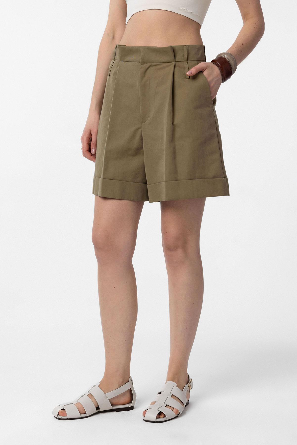 Antioch-Haki Yüksek Bel Pensli Kadın Bermuda Şort-Şort-1-Milagron.com