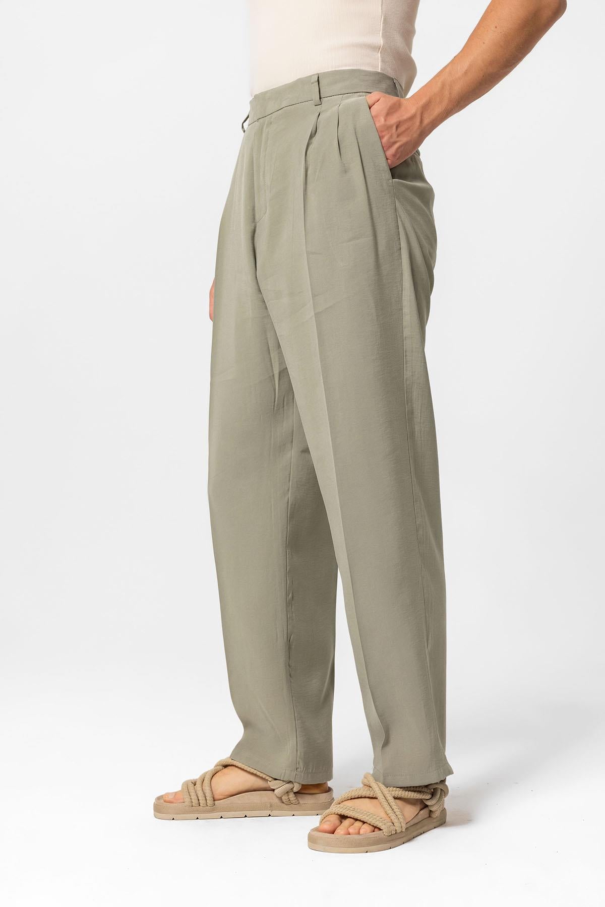 Antioch-Haki Yüksek Bel Pileli Baggy Erkek Pantolon-Pantolon-4-Milagron.com