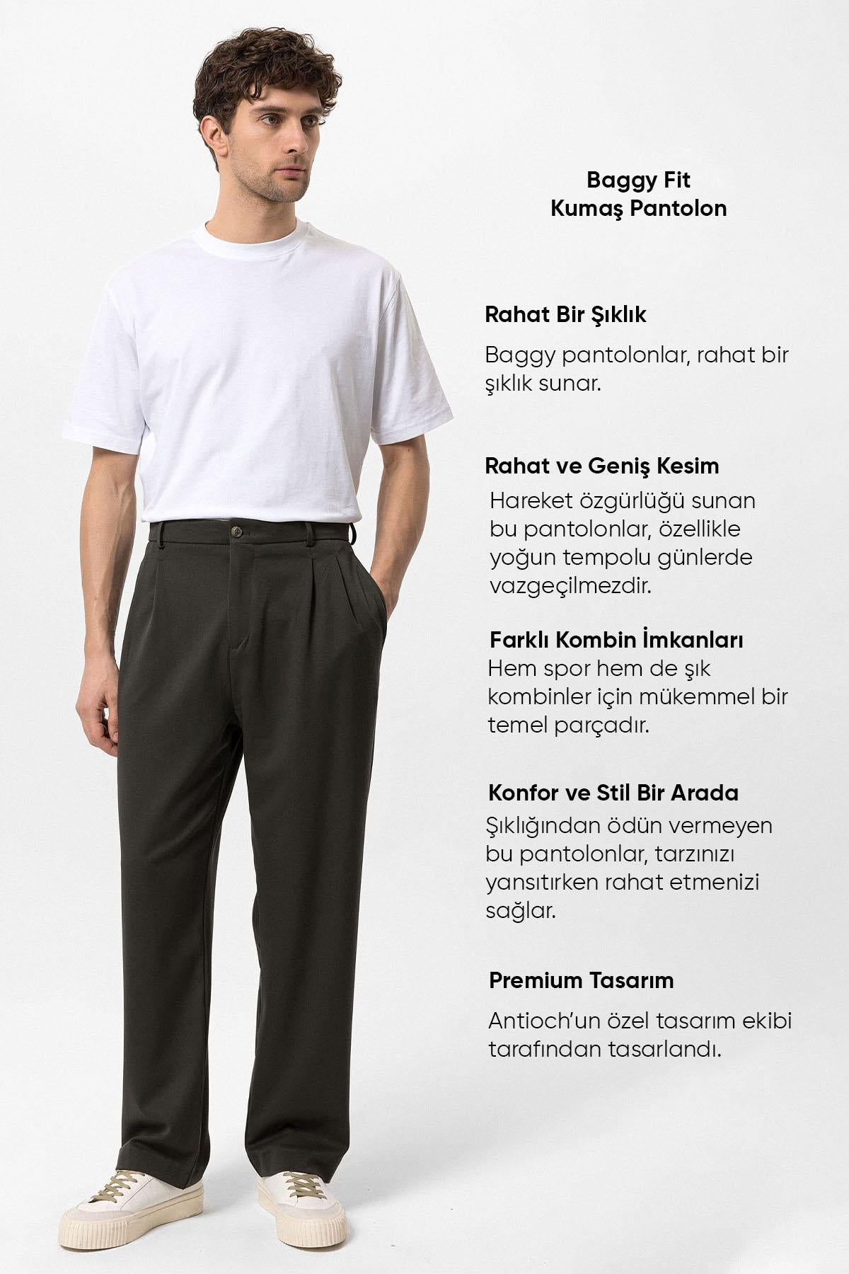 Antioch-Haki Yüksek Bel Pileli Rahat Kalıp Erkek Pantolon-Pantolon-3-Milagron.com