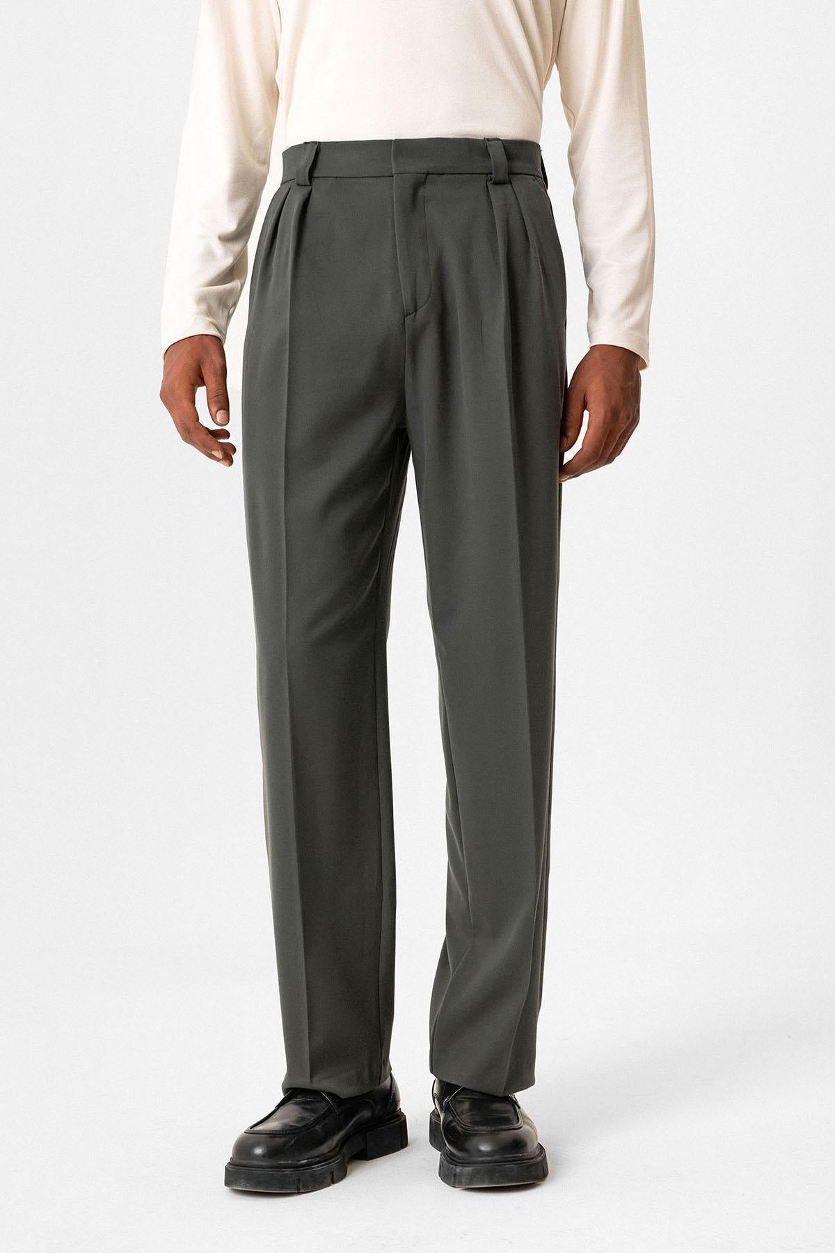 Antioch-Haki Yüksek Bel Pileli Relaxed Fit Baggy Erkek Pantolon-Pantolon-1-Milagron.com