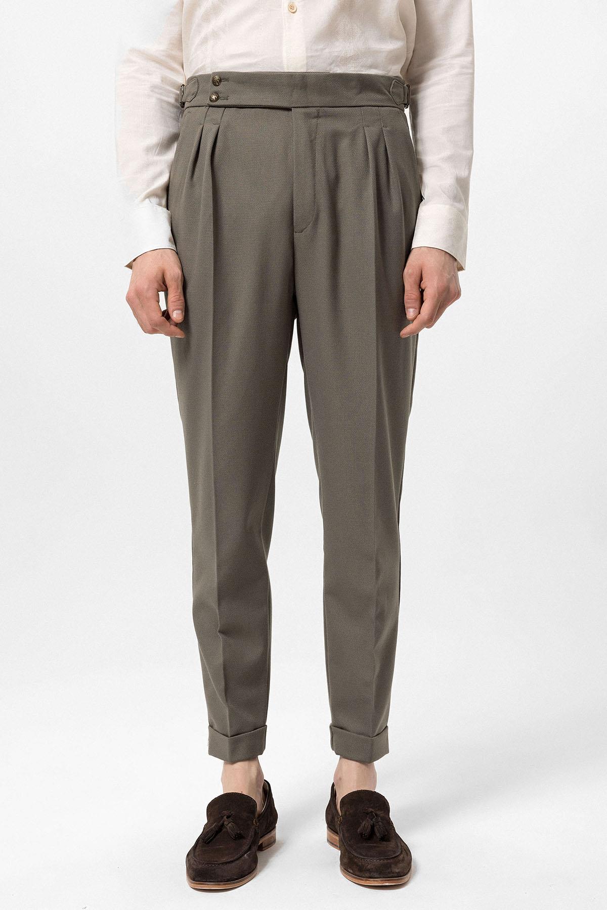 Antioch-Haki Yüksek Bel Yandan Tokalı Pileli Kumaş Pantolon-Kumaş Pantolon-1-Milagron.com