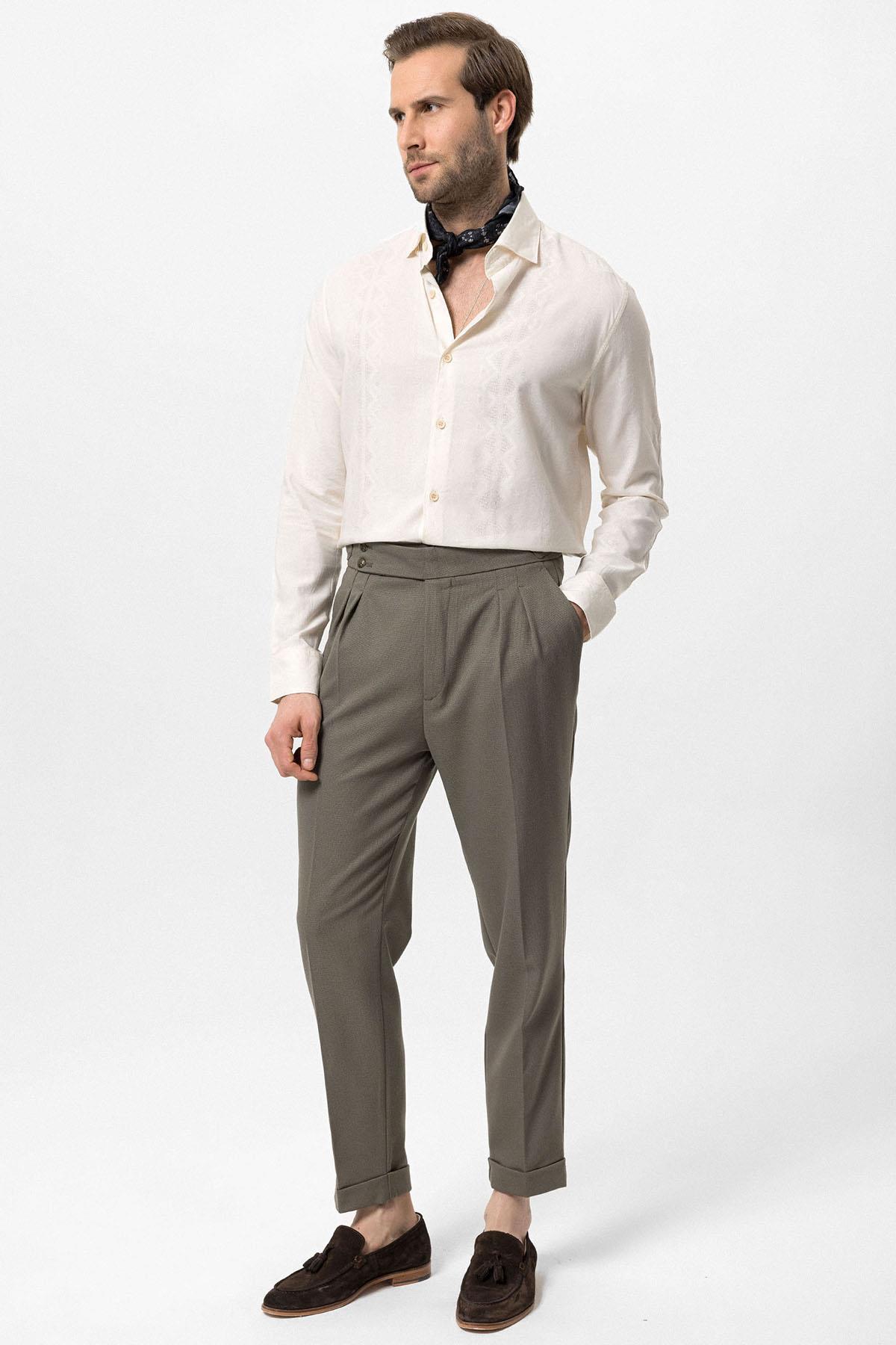 Antioch-Haki Yüksek Bel Yandan Tokalı Pileli Kumaş Pantolon-Kumaş Pantolon-2-Milagron.com