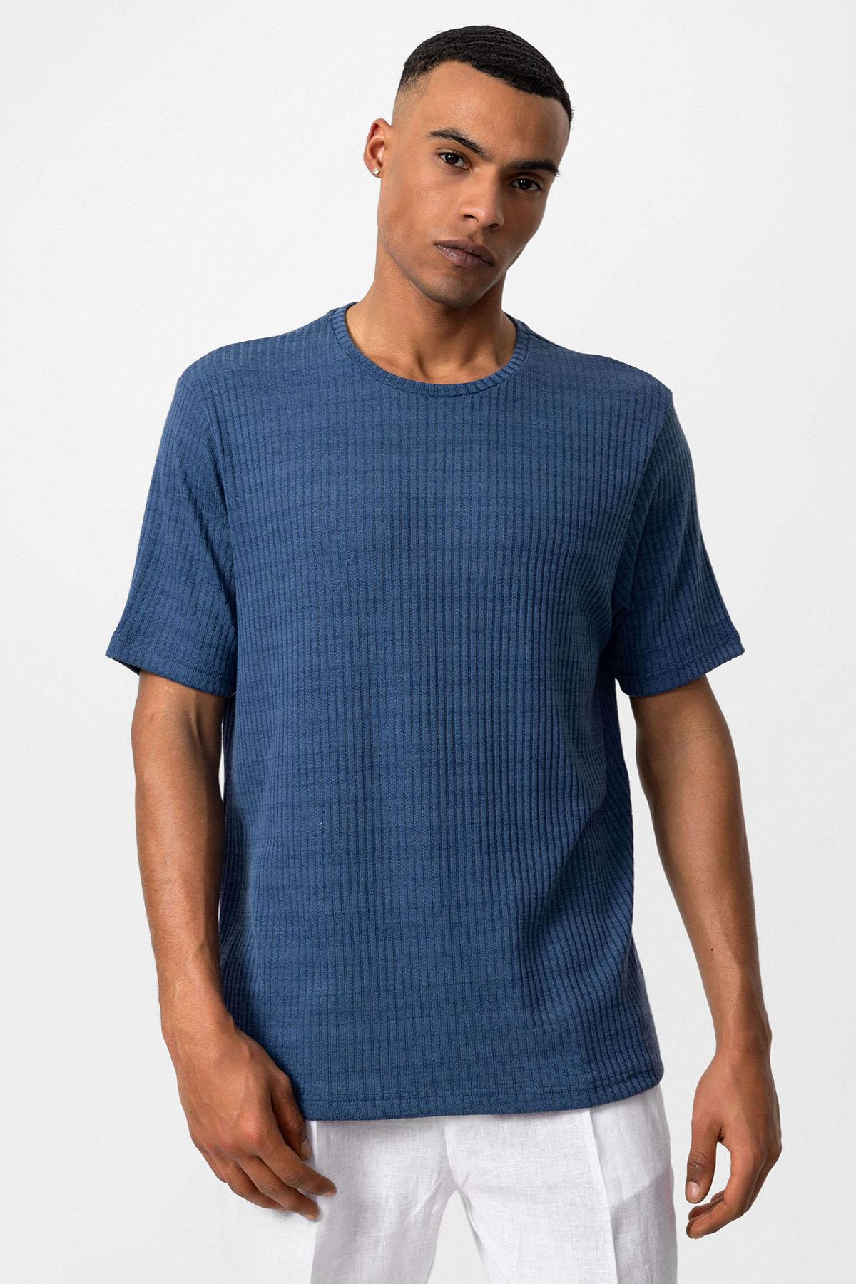 Antioch-İndigo Bisiklet Yaka Fitilli Erkek T Shirt-T-Shirts-4-Milagron.com