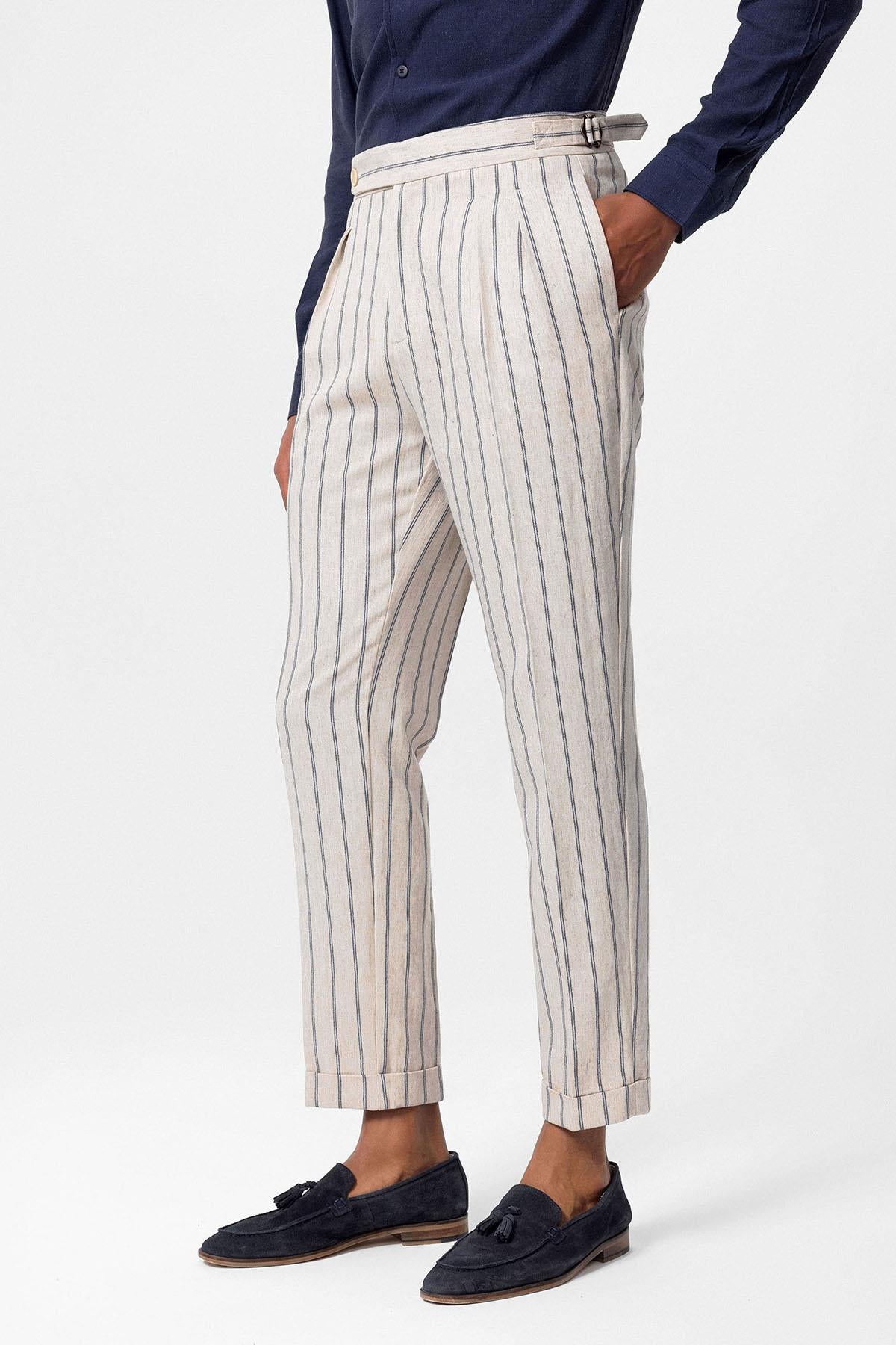 Antioch-İndigo Yüksek Bel Keten Karışımlı Erkek Pantolon-Pantolon-3-Milagron.com