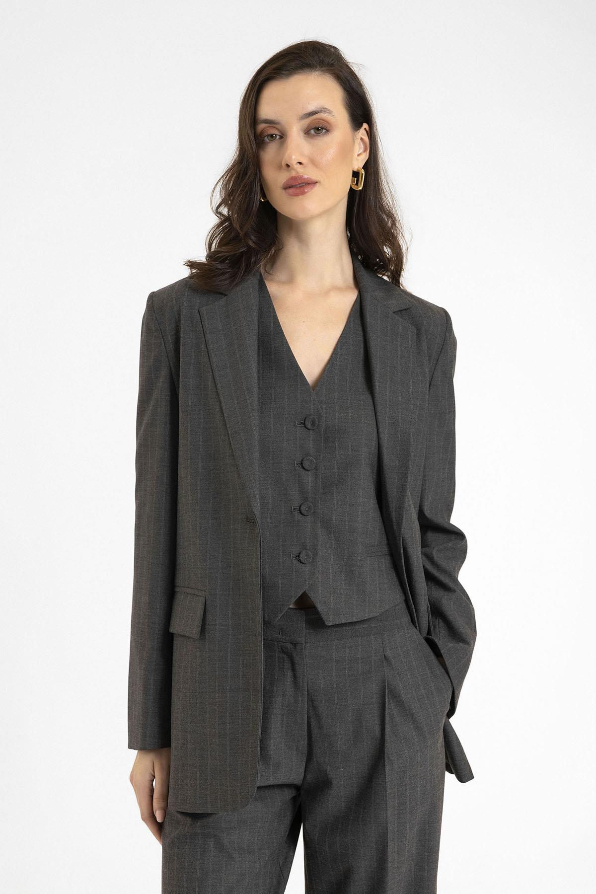 Antioch-Kadın Tek Düğme Çizgili Blazer Ceket-Ceket-8-Milagron.com