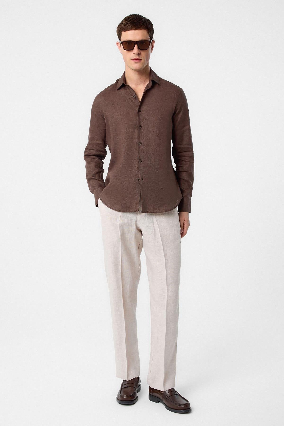 Antioch-Antioch Kahve 100% Keten Comfort Fit Erkek Gömlek-Gömlek-1-Milagron.com
