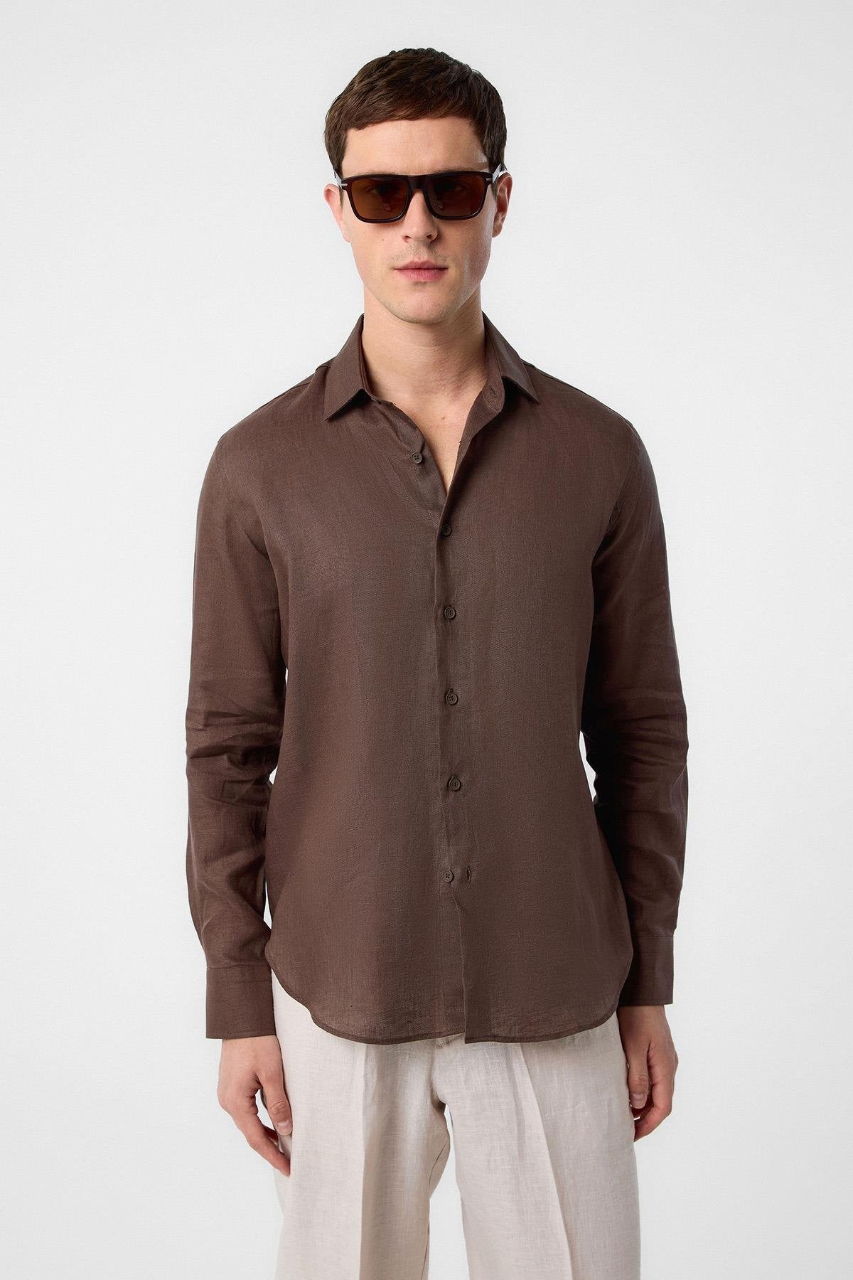 Antioch-Antioch Kahve 100% Keten Comfort Fit Erkek Gömlek-Gömlek-4-Milagron.com