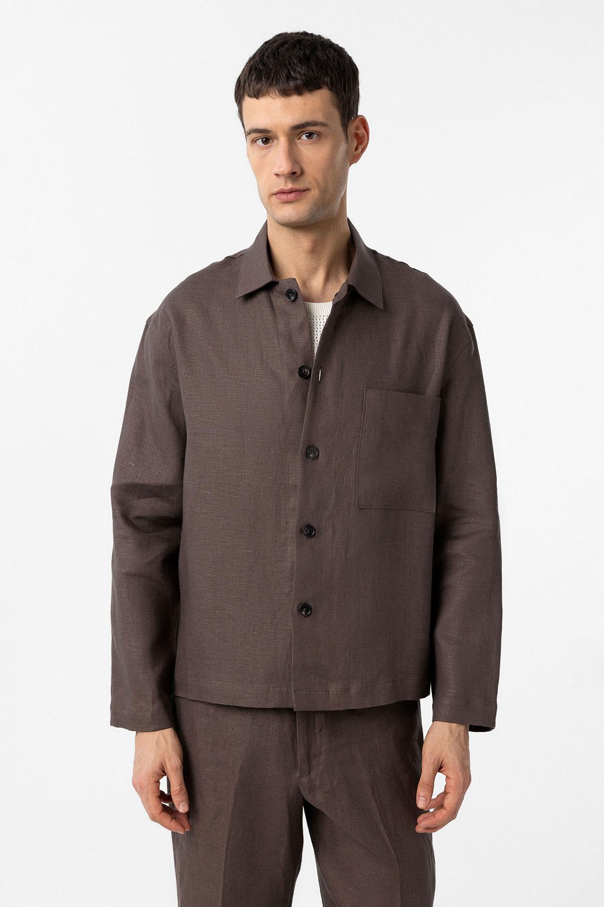 Antioch-Kahve 100% Keten Relax Fit Erkek İnce Ceket-Ceket-1-Milagron.com