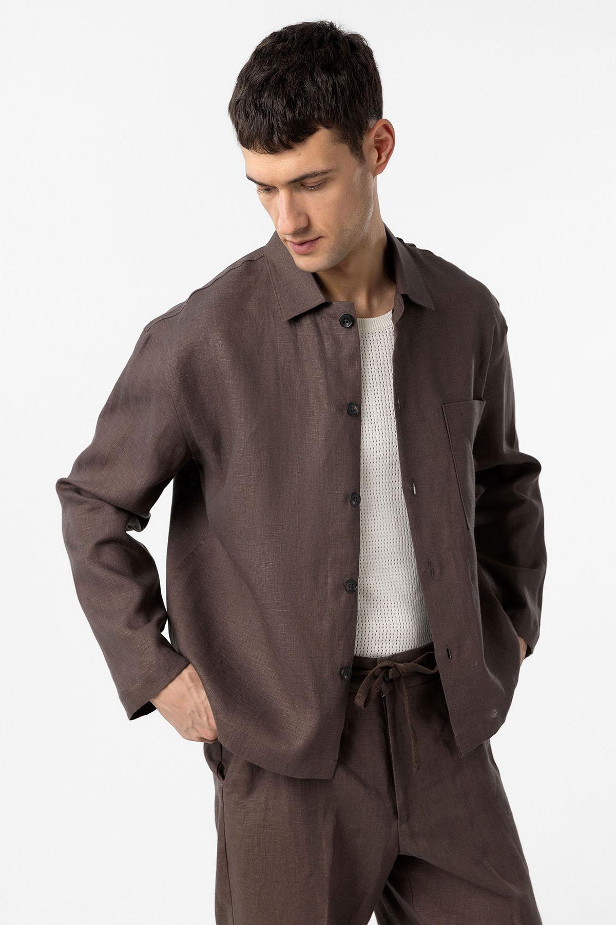 Antioch-Kahve 100% Keten Relax Fit Erkek İnce Ceket-Ceket-2-Milagron.com