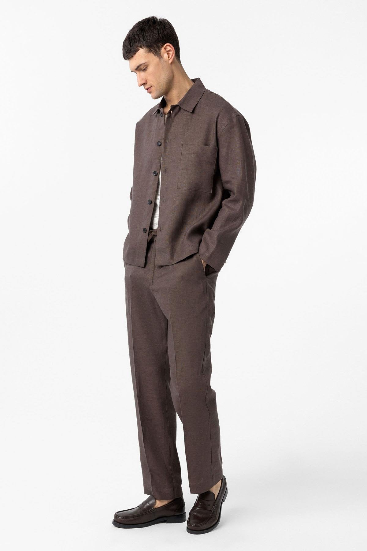 Antioch-Kahve 100% Keten Relax Fit Erkek İnce Ceket-Ceket-3-Milagron.com