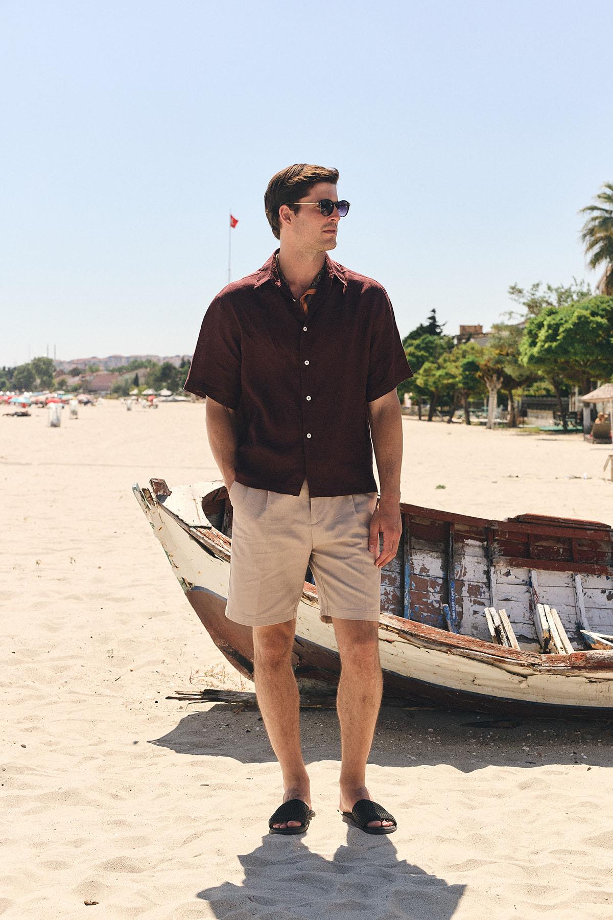 Antioch-Kahve 100% Keten Relaxed Erkek Gömlek-Gömlek-2-Milagron.com