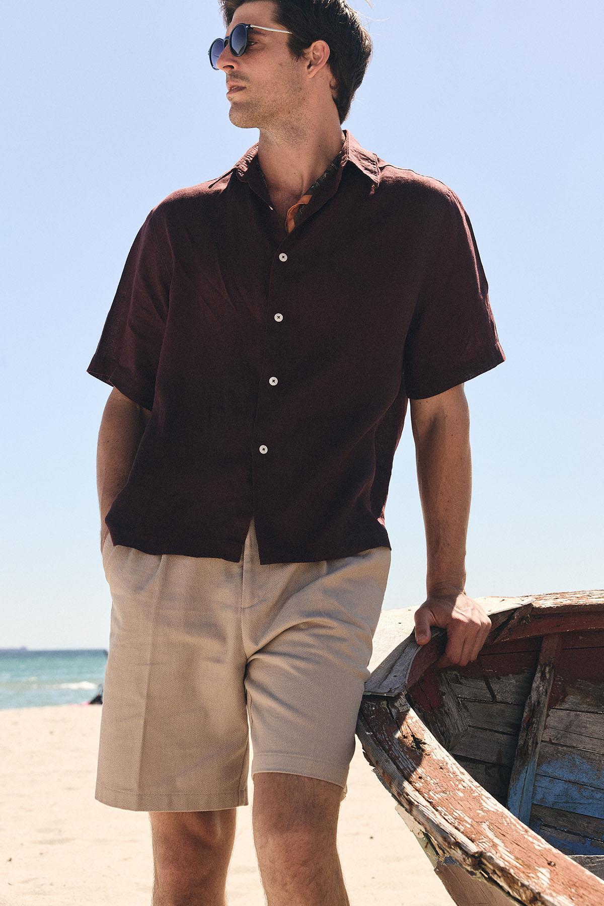 Antioch-Kahve 100% Keten Relaxed Erkek Gömlek-Gömlek-3-Milagron.com