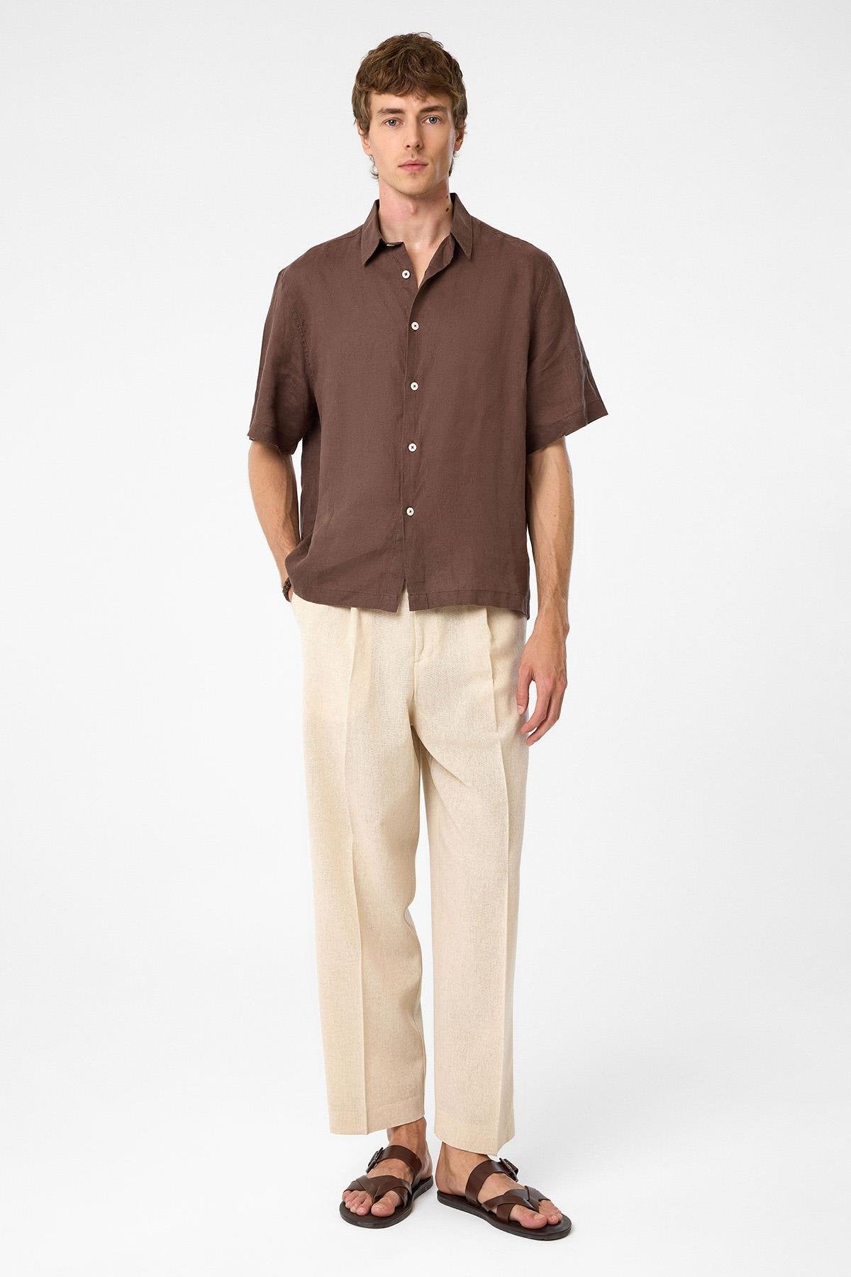 Antioch-Kahve 100% Keten Relaxed Erkek Gömlek-Gömlek-6-Milagron.com
