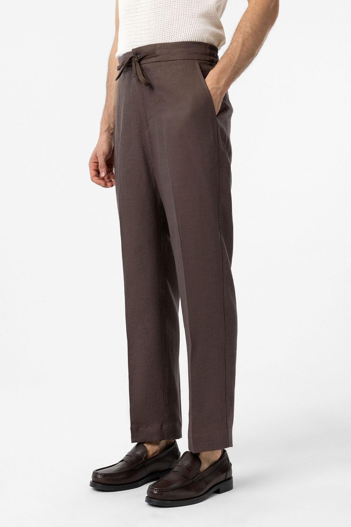 Antioch-Kahve 100% Keten Yüksek Bel Erkek Pantolon-Kumaş Pantolon-1-Milagron.com