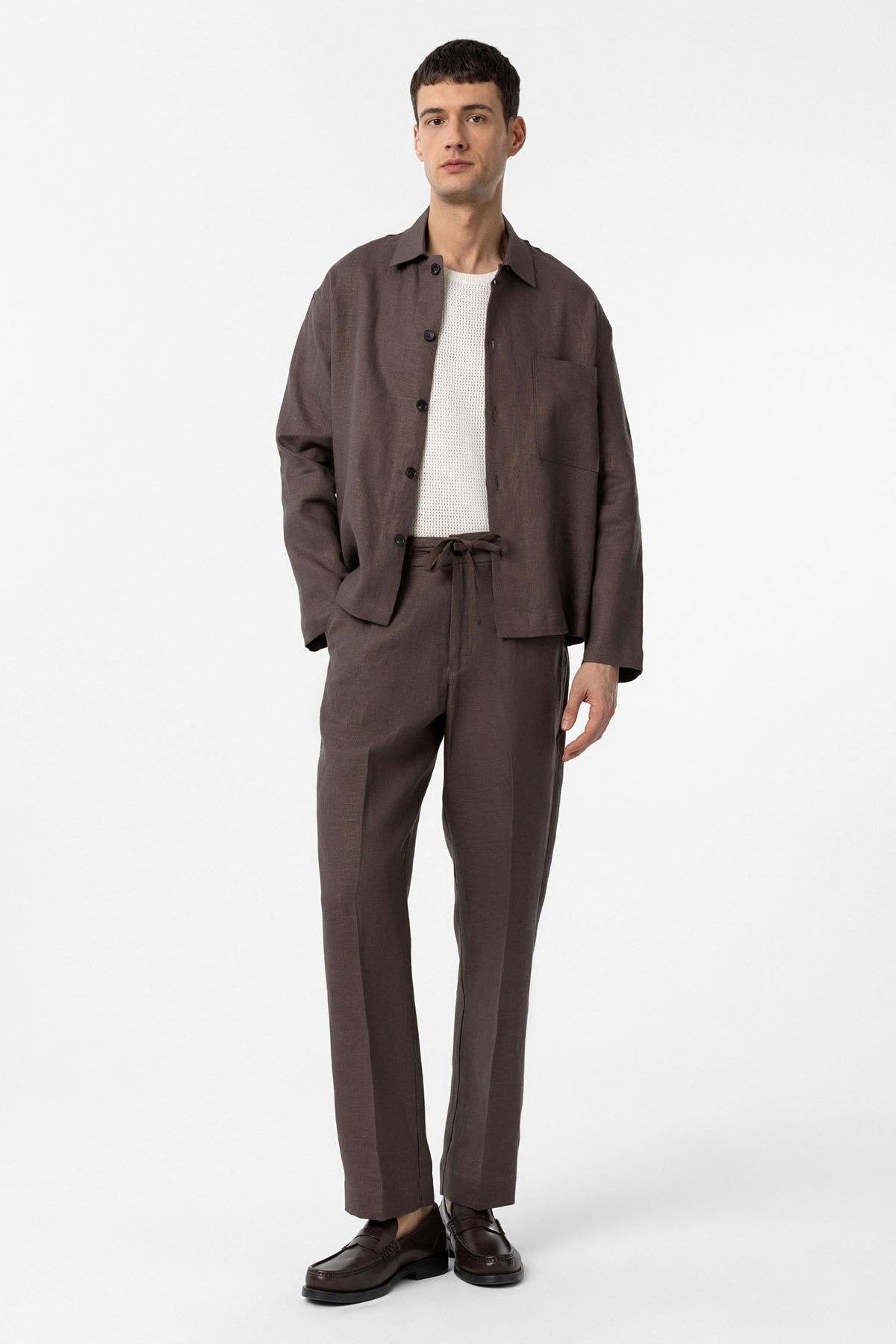 Antioch-Kahve 100% Keten Yüksek Bel Erkek Pantolon-Kumaş Pantolon-2-Milagron.com