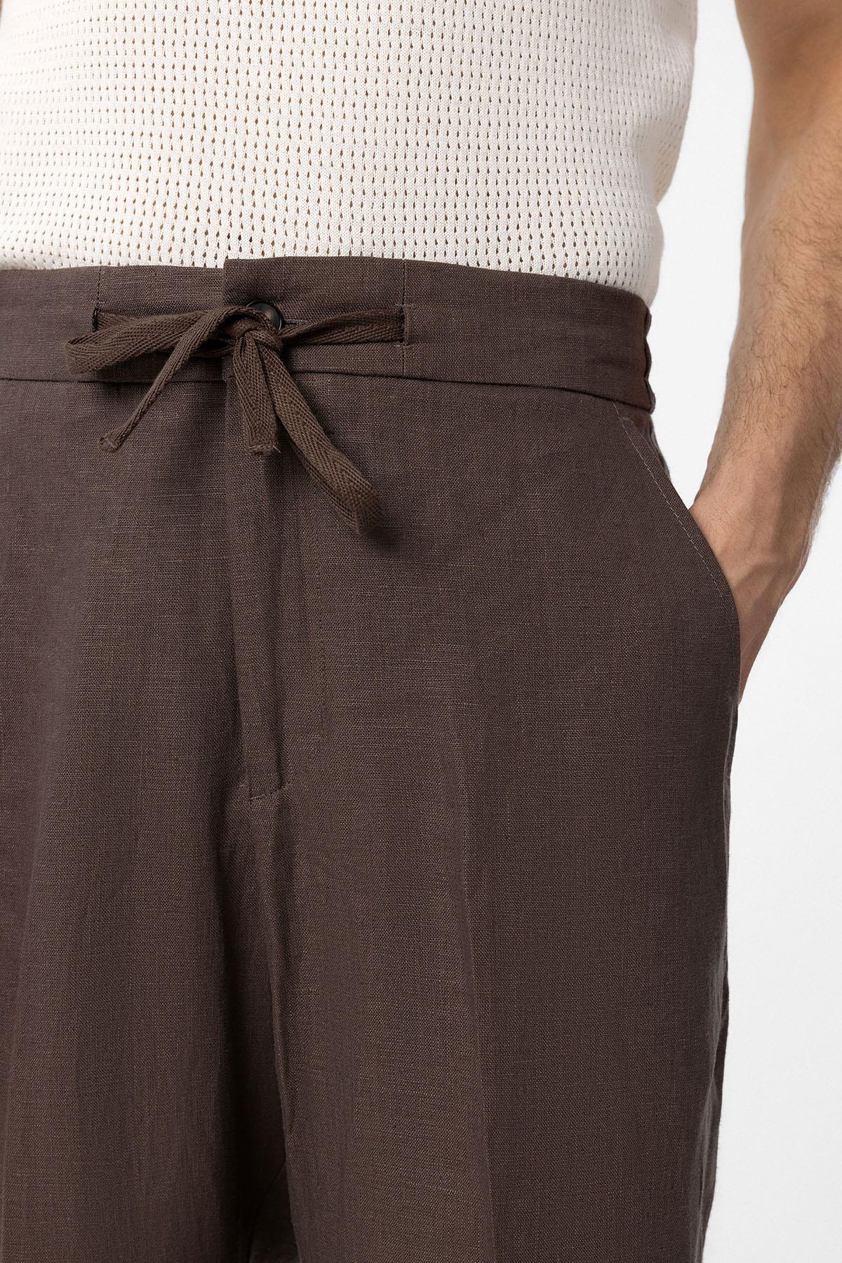 Antioch-Kahve 100% Keten Yüksek Bel Erkek Pantolon-Kumaş Pantolon-3-Milagron.com