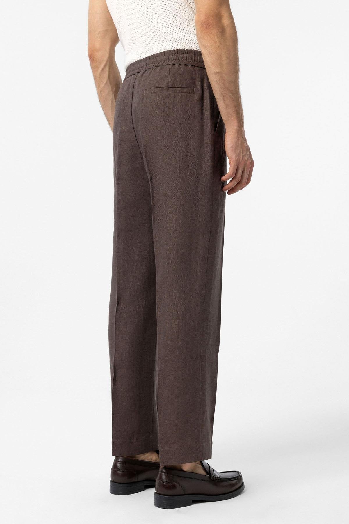 Antioch-Kahve 100% Keten Yüksek Bel Erkek Pantolon-Kumaş Pantolon-4-Milagron.com
