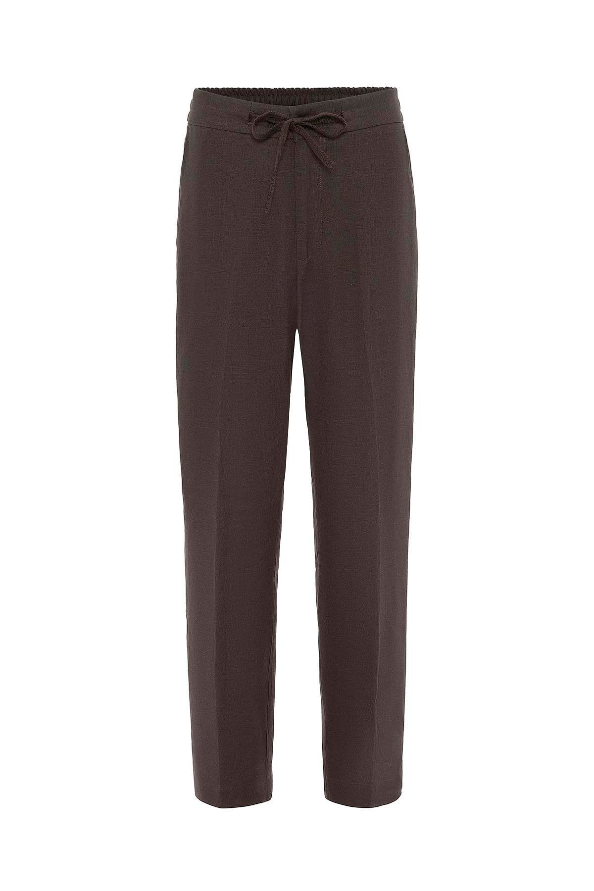 Antioch-Kahve 100% Keten Yüksek Bel Erkek Pantolon-Kumaş Pantolon-5-Milagron.com