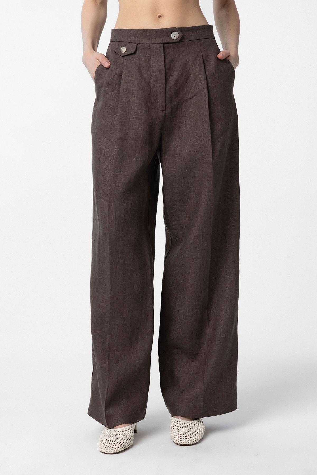 Antioch-Kahve 100% Keten Yüksek Bel Pilili Kadın Pantolon-Kumaş Pantolon-2-Milagron.com