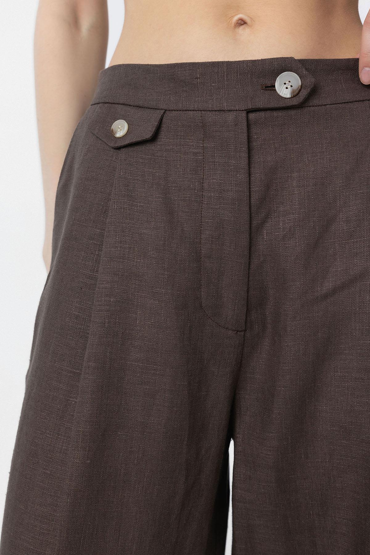 Antioch-Kahve 100% Keten Yüksek Bel Pilili Kadın Pantolon-Kumaş Pantolon-5-Milagron.com