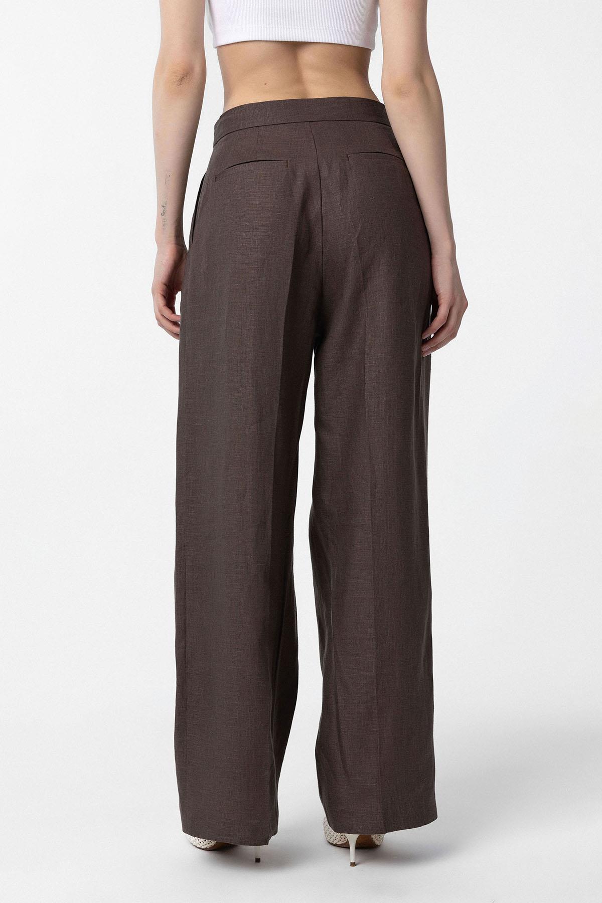 Antioch-Kahve 100% Keten Yüksek Bel Pilili Kadın Pantolon-Kumaş Pantolon-6-Milagron.com