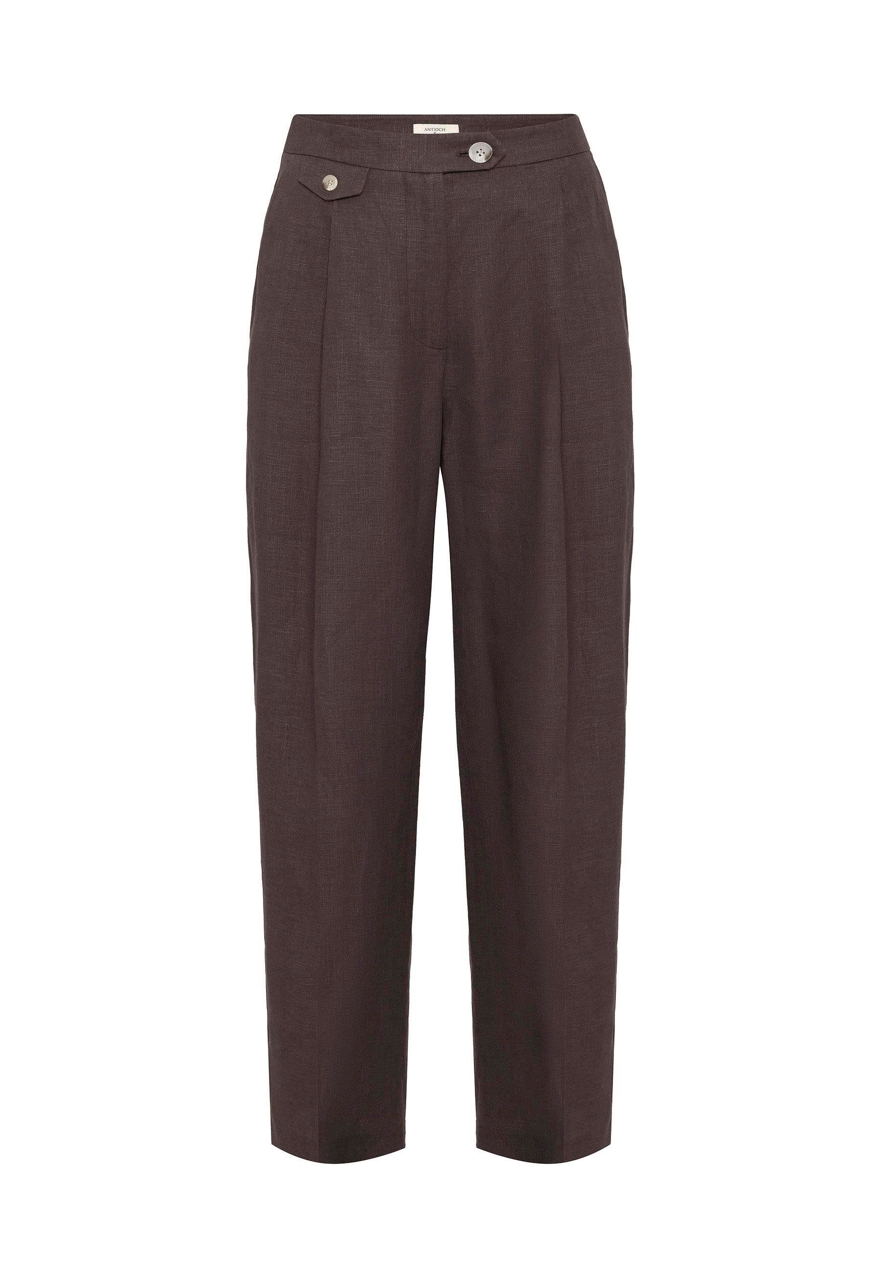 Antioch-Kahve 100% Keten Yüksek Bel Pilili Kadın Pantolon-Kumaş Pantolon-7-Milagron.com