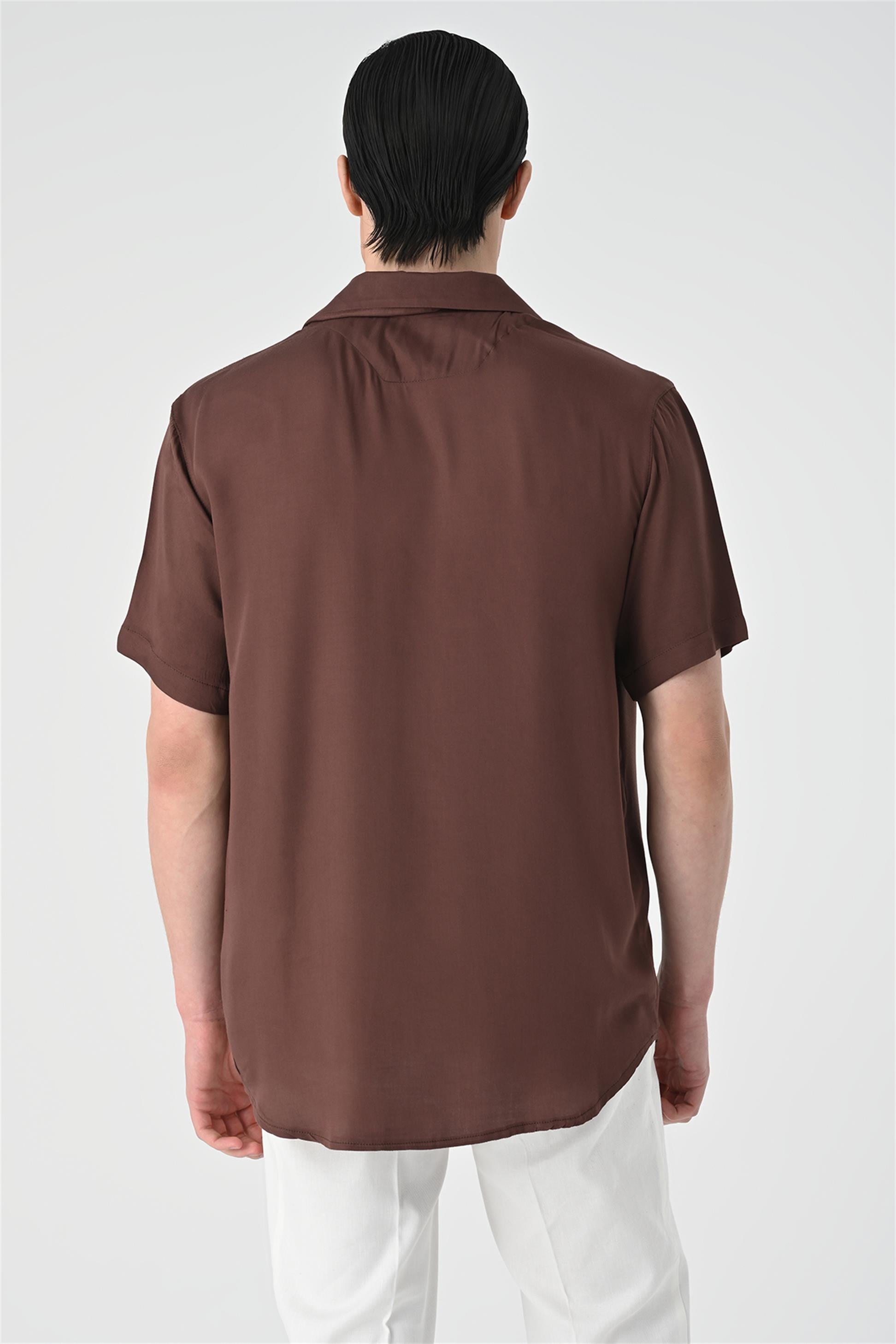 Antioch-Kahve Apaş Yaka Oversize Kısa Kollu Erkek Gömlek-Gömlek-6-Milagron.com