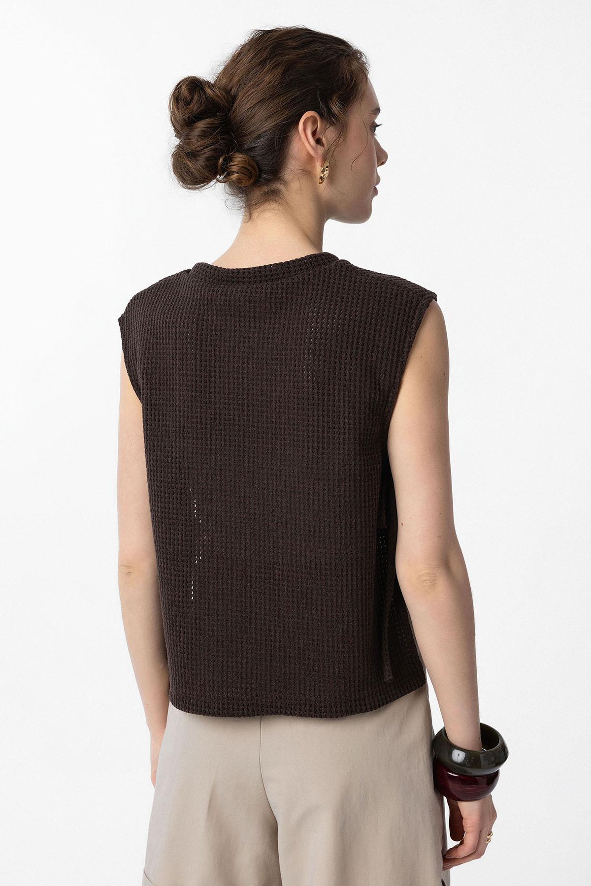 Antioch-Kahve Bağcıklı Örgü Dokulu Kadın Top-Top-4-Milagron.com