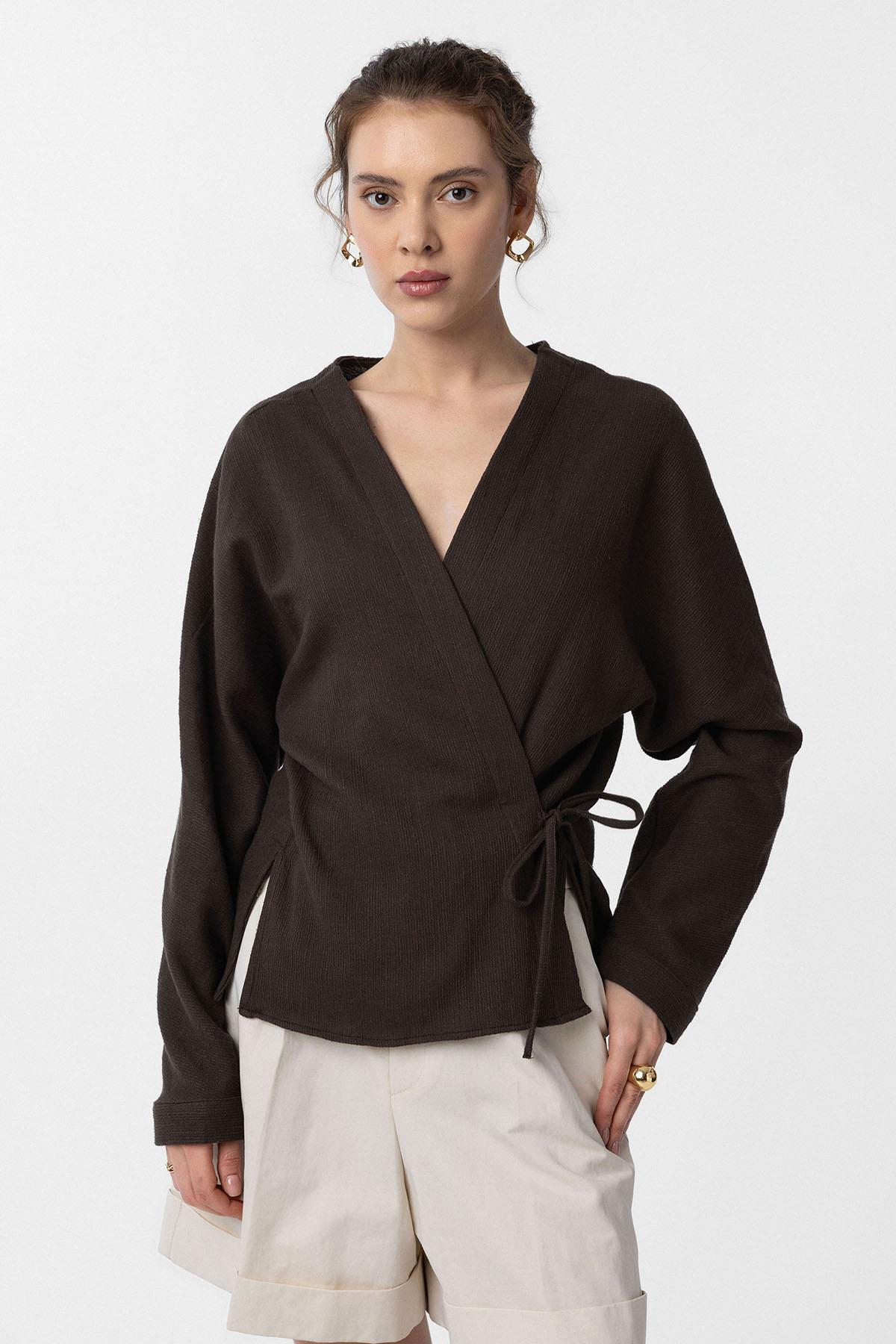 Antioch-Kahve Bağlamalı Kimono Kadın Gömlek-Gömlek-1-Milagron.com