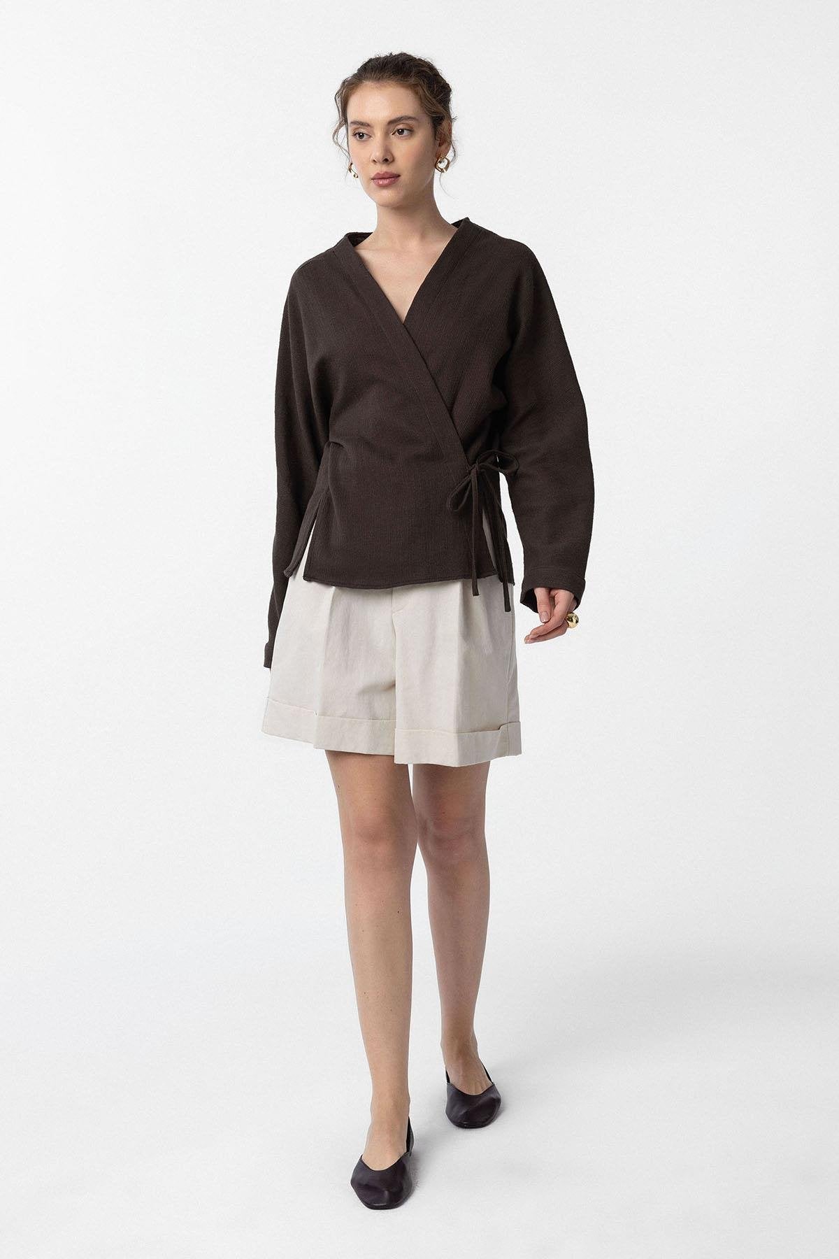 Antioch-Kahve Bağlamalı Kimono Kadın Gömlek-Gömlek-2-Milagron.com