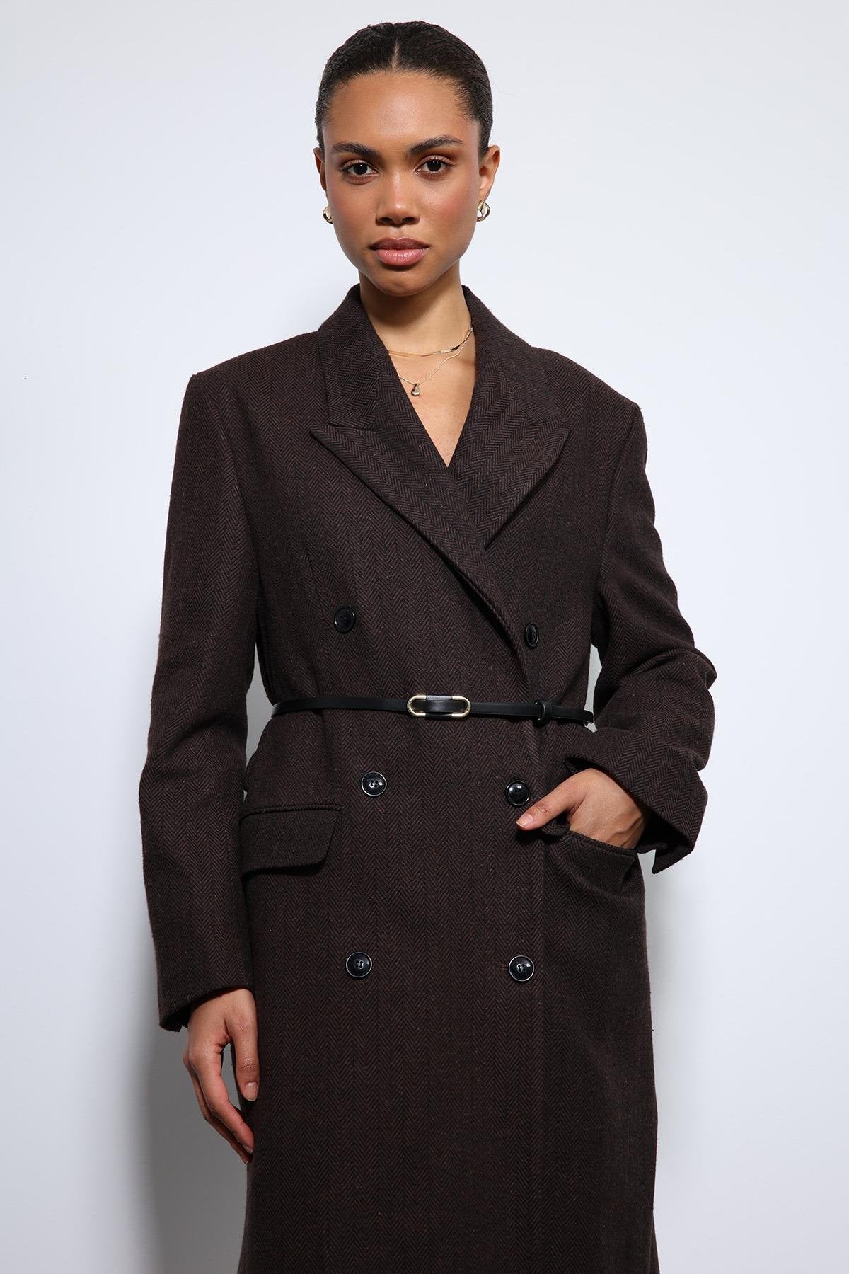 Antioch-Kahve Balıksırtı Desenli Kemerli Kaban-Kaban-10-Milagron.com