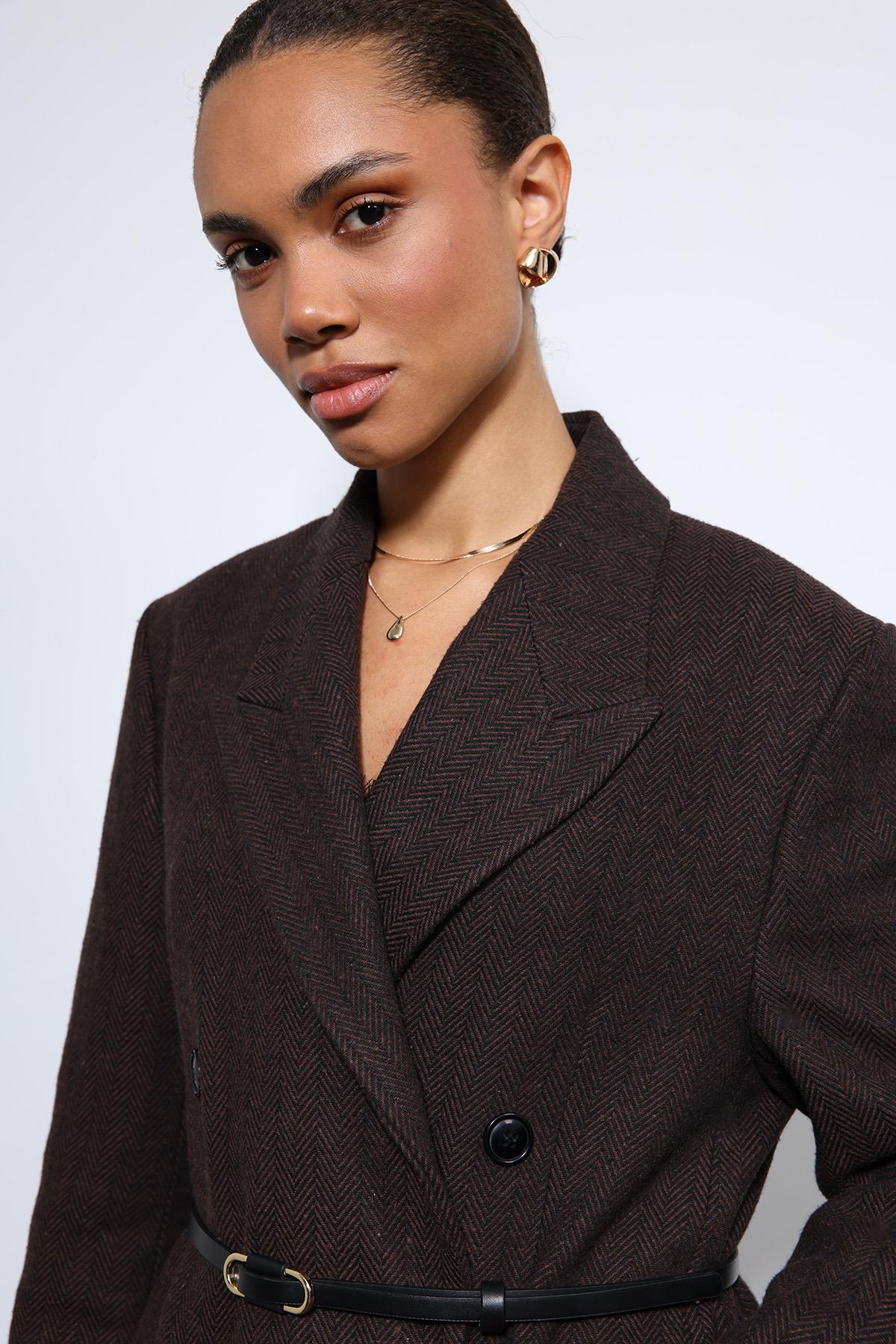 Antioch-Kahve Balıksırtı Desenli Kemerli Kaban-Kaban-11-Milagron.com