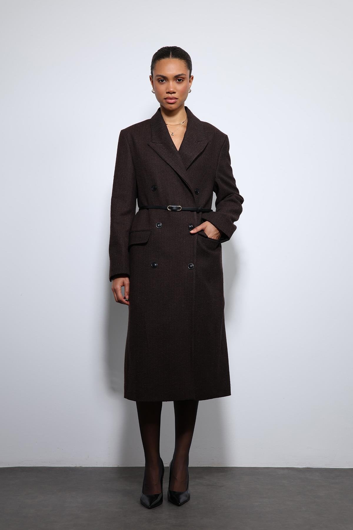 Antioch-Kahve Balıksırtı Desenli Kemerli Kaban-Kaban-7-Milagron.com