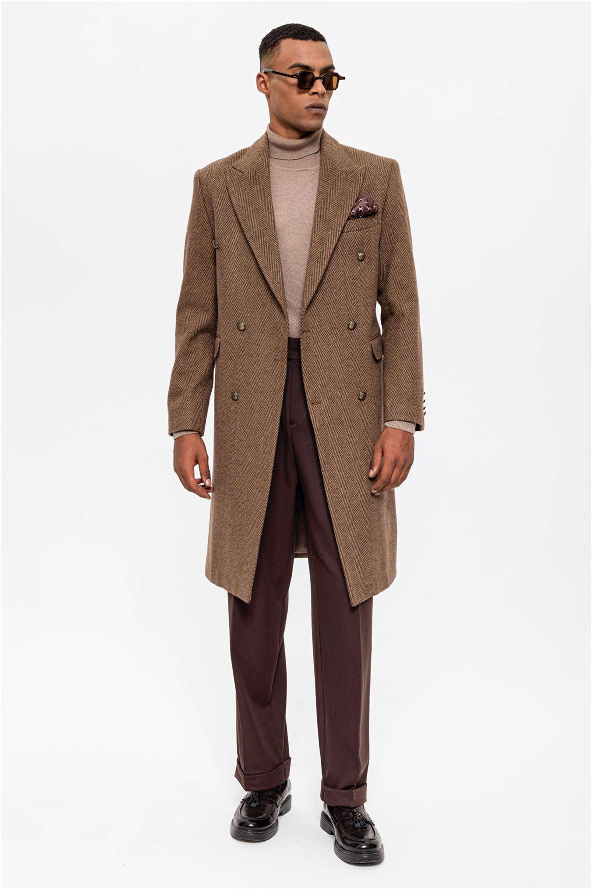 Antioch-Kahve Balıksırtı Desenli Kruvaze Erkek Kaban-Kaban-1-Milagron.com