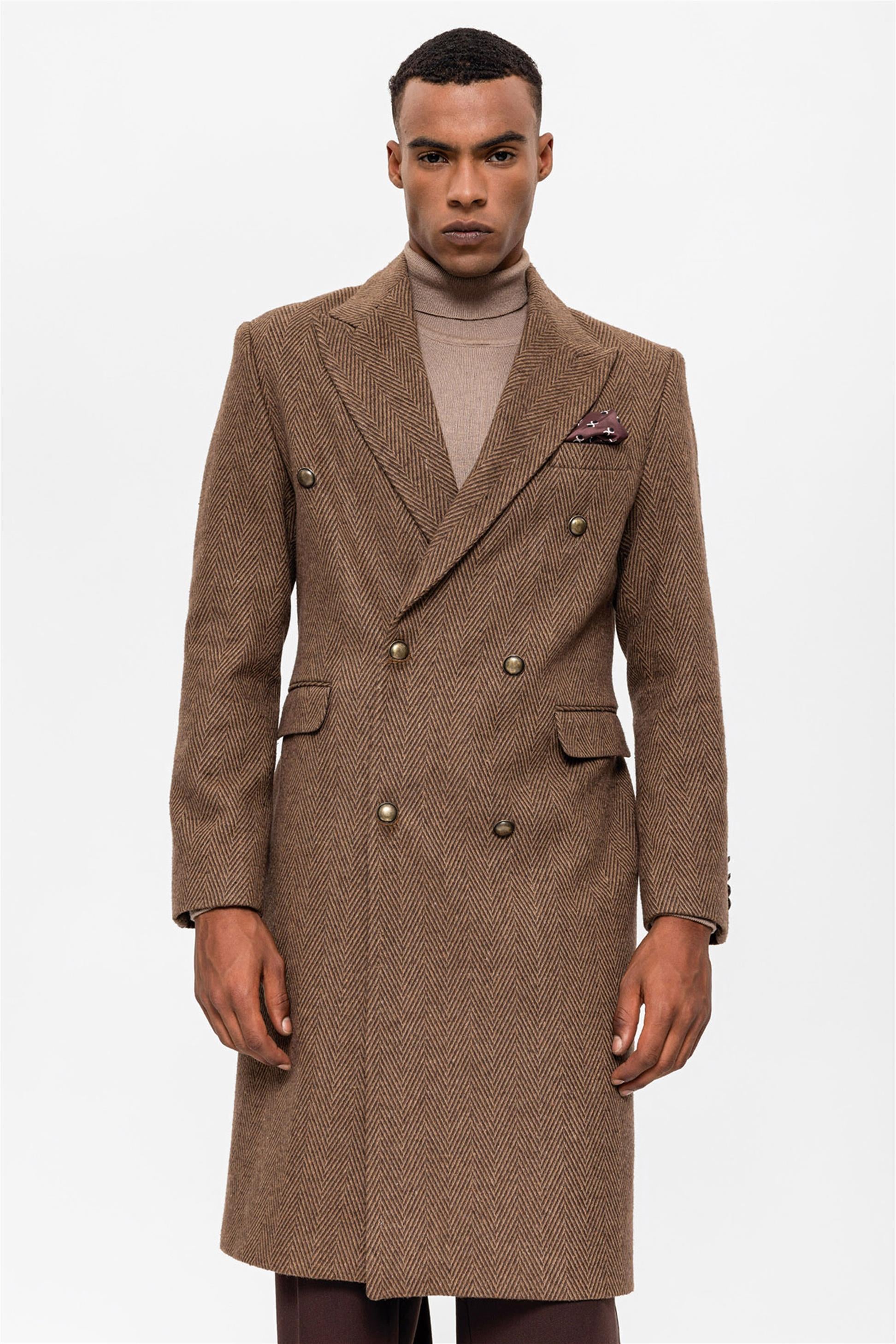 Antioch-Kahve Balıksırtı Desenli Kruvaze Erkek Kaban-Kaban-3-Milagron.com