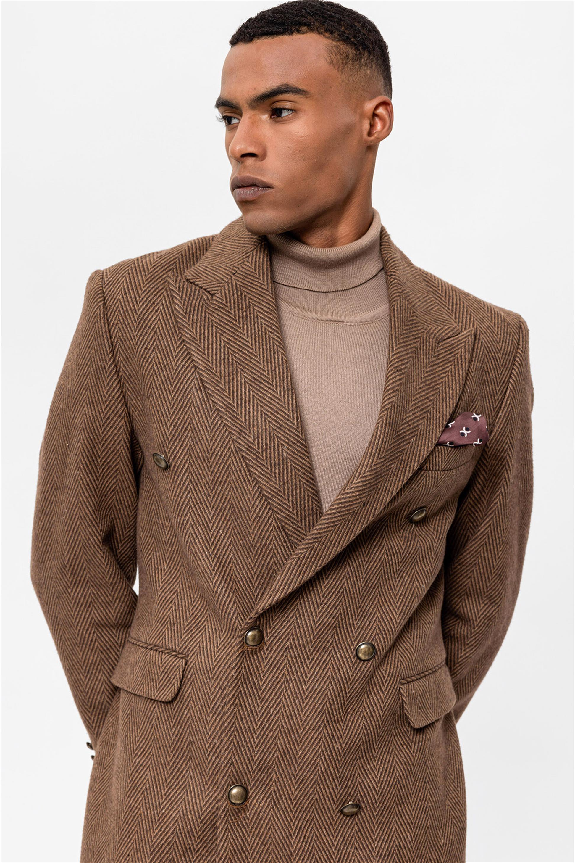 Antioch-Kahve Balıksırtı Desenli Kruvaze Erkek Kaban-Kaban-6-Milagron.com