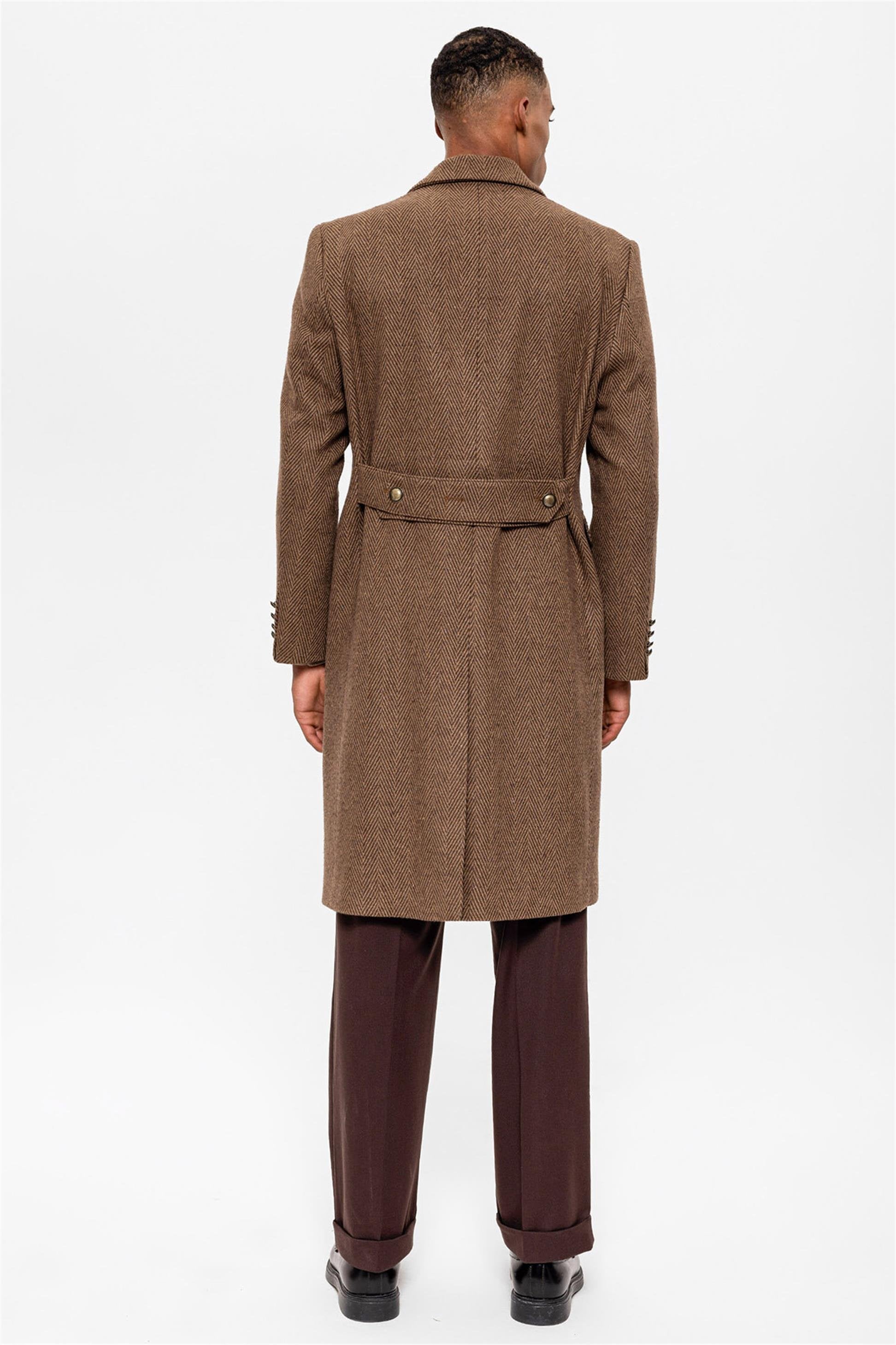 Antioch-Kahve Balıksırtı Desenli Kruvaze Erkek Kaban-Kaban-7-Milagron.com