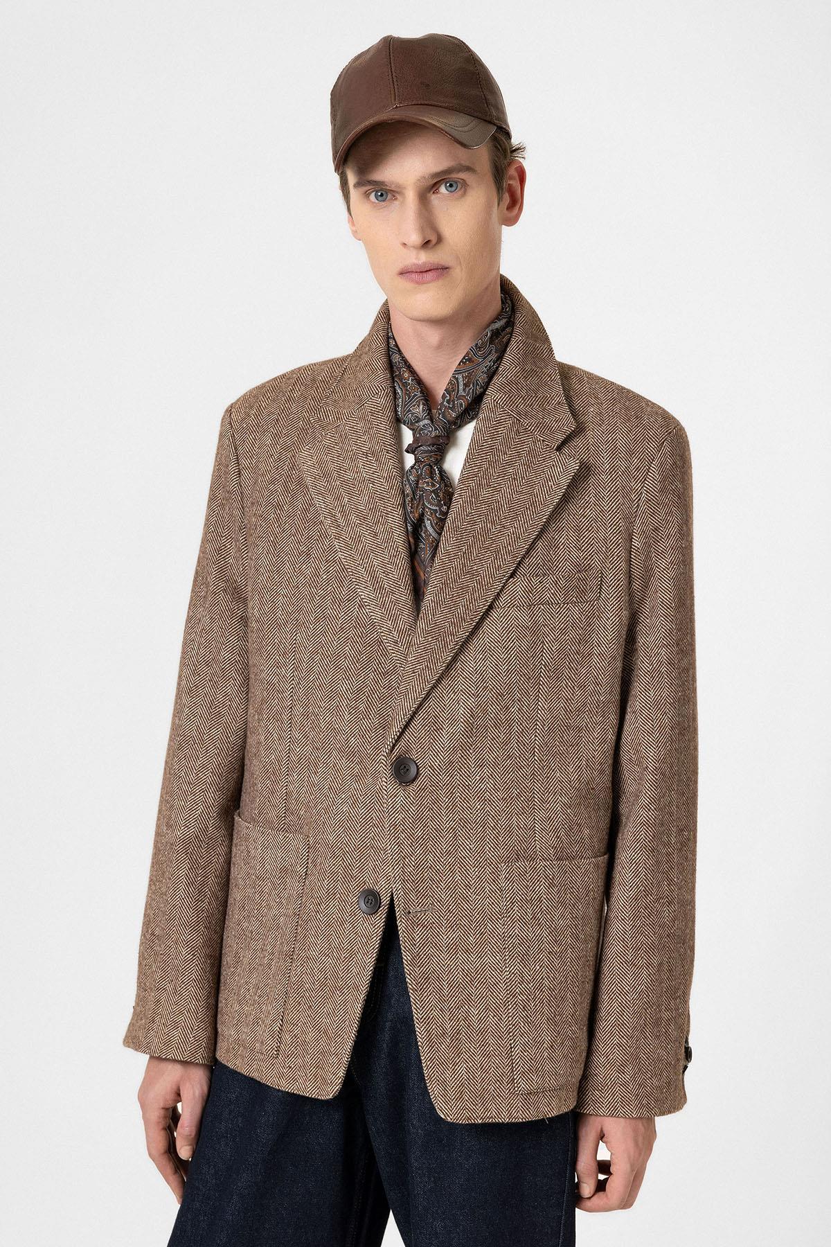 Antioch-Kahve Balıksırtı Desenli Oversize Erkek Blazer Ceket-Ceket-1-Milagron.com