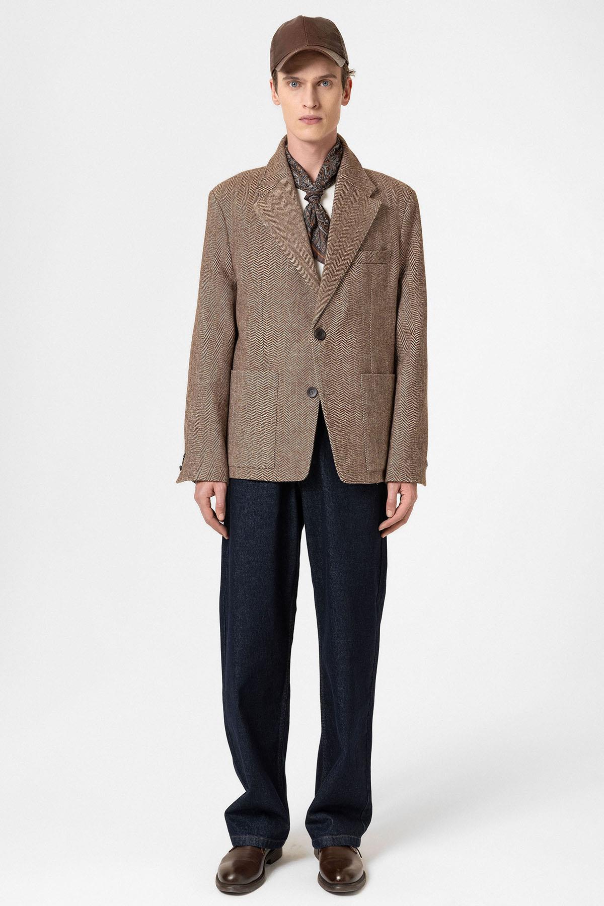 Antioch-Kahve Balıksırtı Desenli Oversize Erkek Blazer Ceket-Ceket-2-Milagron.com