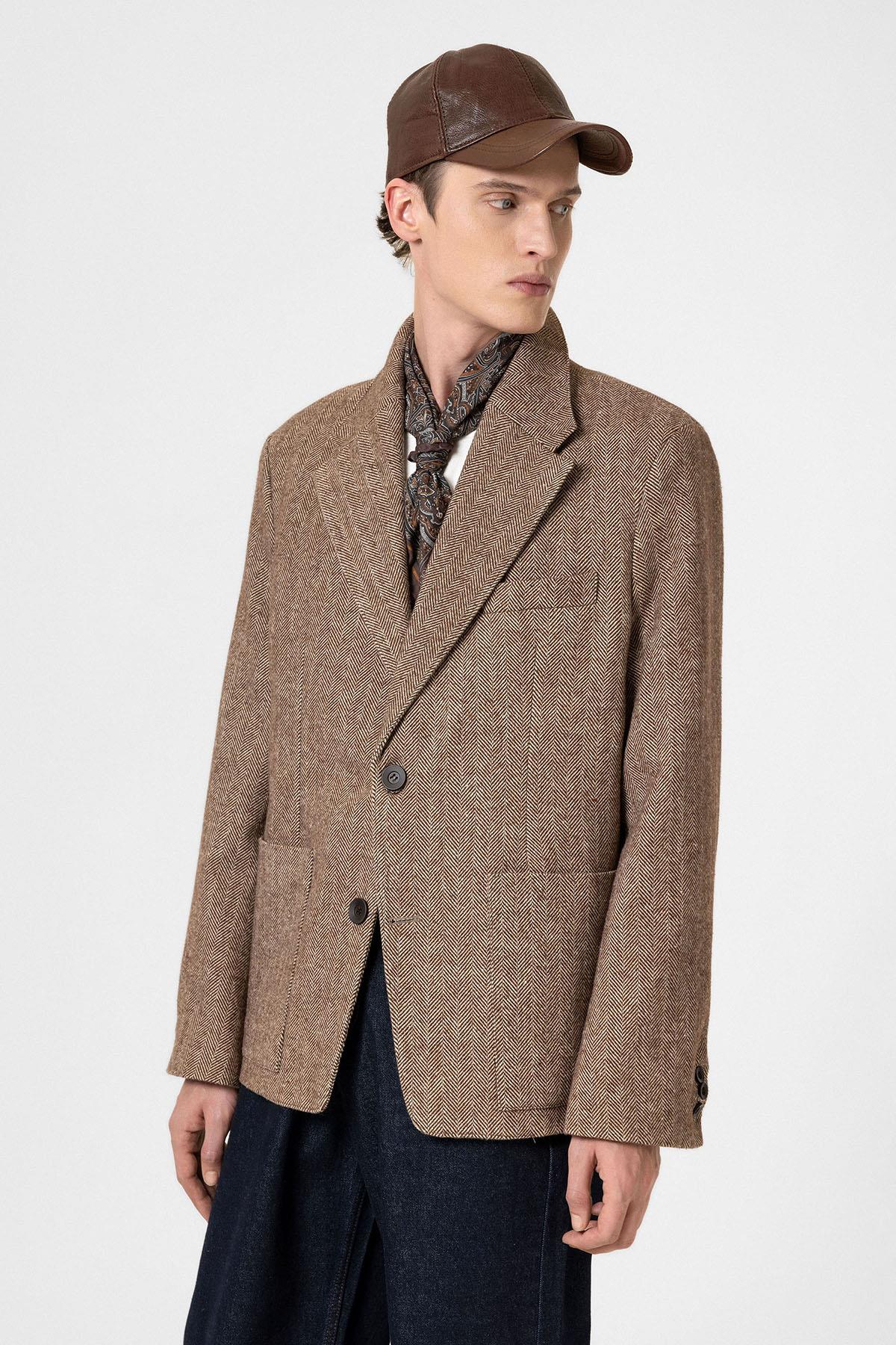 Antioch-Kahve Balıksırtı Desenli Oversize Erkek Blazer Ceket-Ceket-4-Milagron.com